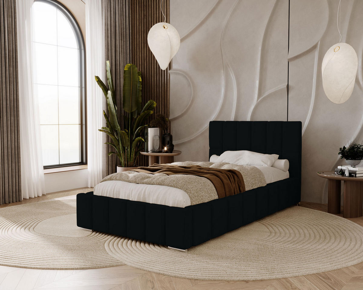 POLSTERBETT Alma 90x200 cm, Einzelbett mit Bettkasten und Lattenrost aus Holz, Velourstoff: Schwarz - Schwarz, Holz/Kunststoff (90/200cm) - Marpur