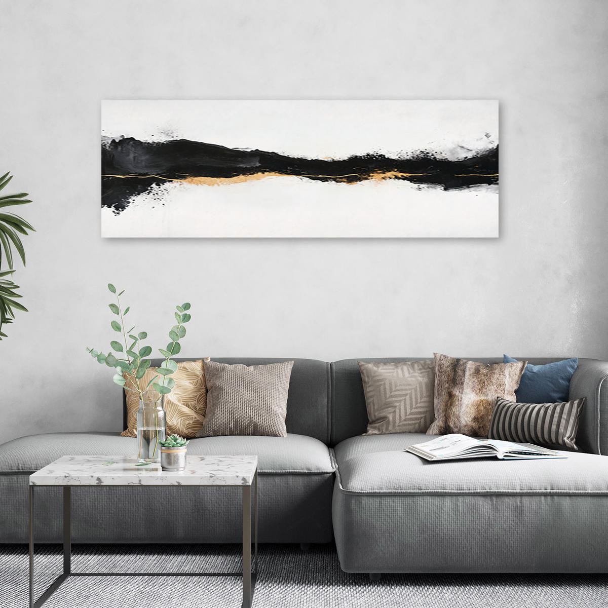 LEINWANDBILD Abstrakt Minimalismus Gold Schwarz 150x50cm - Weiß, Textil (150/50cm) - Feeby