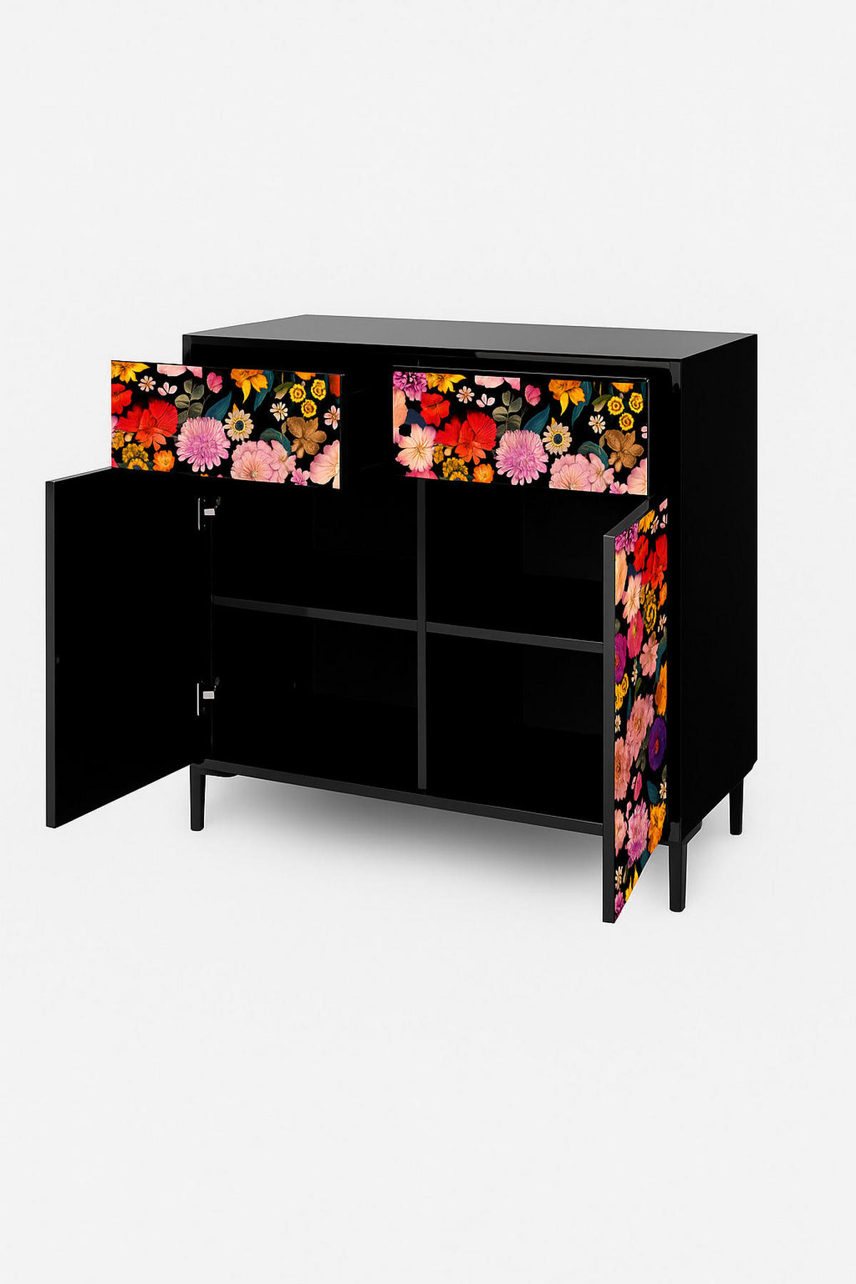 SIDEBOARD MDF 2 Türen und 2 Schubladen mit Waldmuster ALISE WILD BEAUTY - Schwarz, Holzwerkstoff (90/84/45cm) - RNT By Really Nice Things