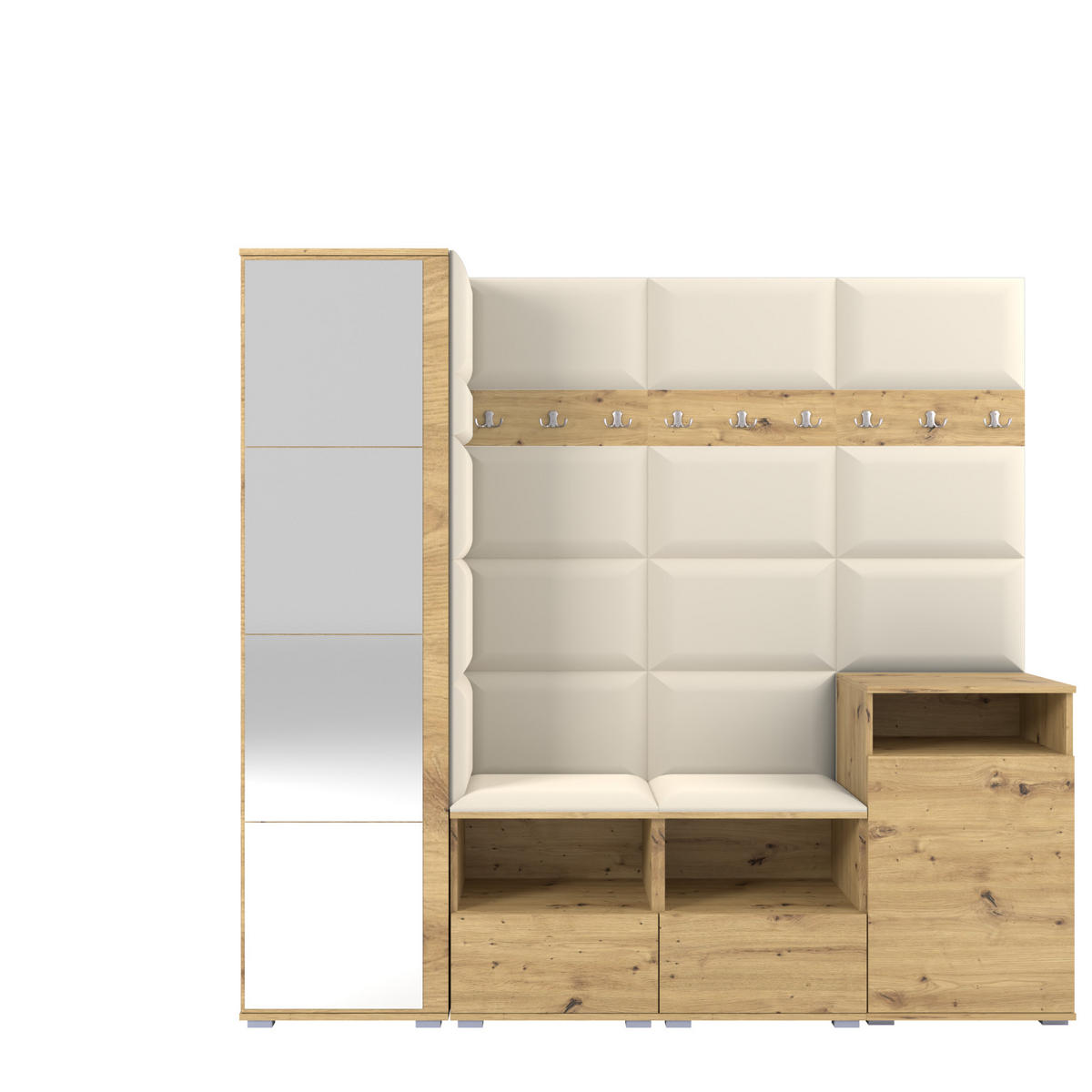 GARDEROBE NELA X 200 cm (Modulare Flurmöbel Artisan Eiche mit Spiegel & Sitzpolster Creme 01 Schrank + Sideboard) - Silberfarben/Creme, Holz/Holzwerkstoff (200/187/40cm) - Ravio
