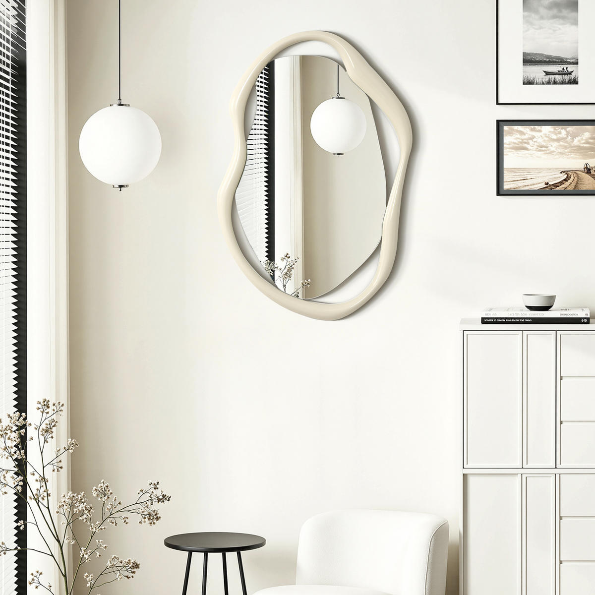 75CM H Wandspiegel mit weißem, unregelmäßigem Rahmen,Geeignet für Schlafzimmer, Wohnzimmer, Badezimmer und Flur - Weiß, Glas/Holz (78.5/3.5/58.5cm) - Hometopia