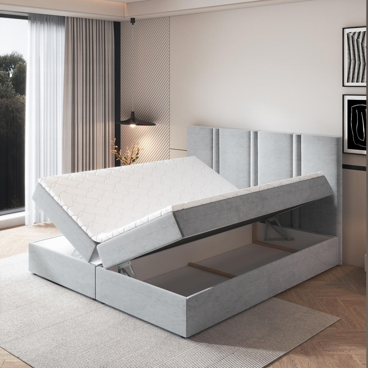 BOXBETT LARIO 140x200 cm mit Matratze und Topper - Grau - Grau, Holz (140/200cm) - MASSENO