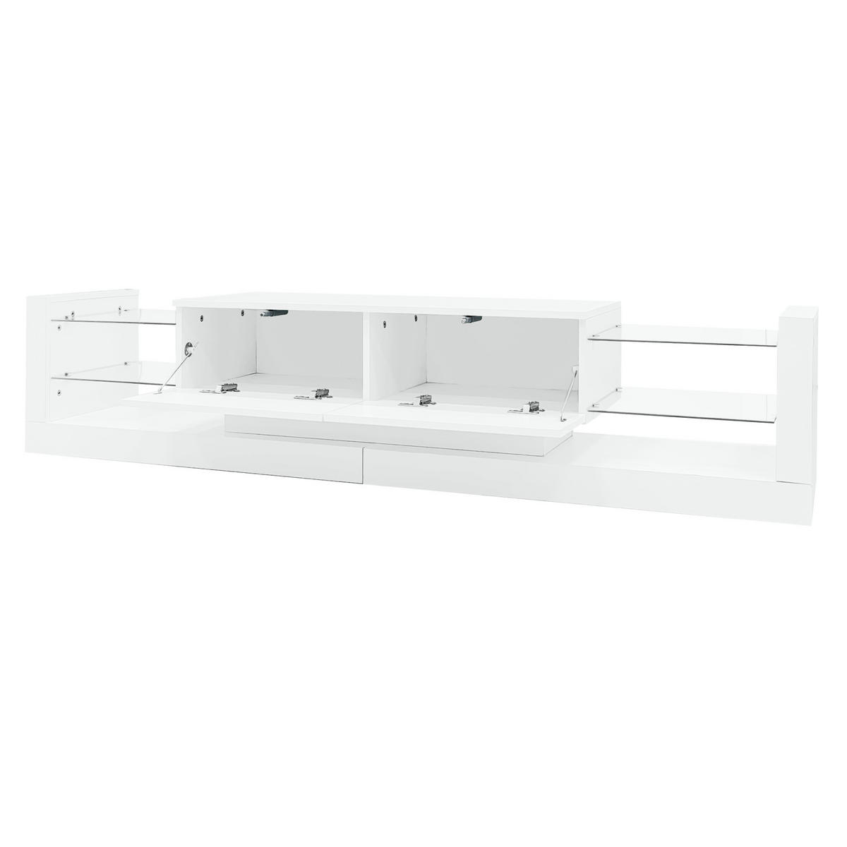 TV-LOWBOARD aus Spanplatte 181x38x38 cm Weiß mit LED-Beleuchtung und 2 Klappfächern, Hochglanzfront - Weiß, Holzwerkstoff (181/38/38cm) - Modfu