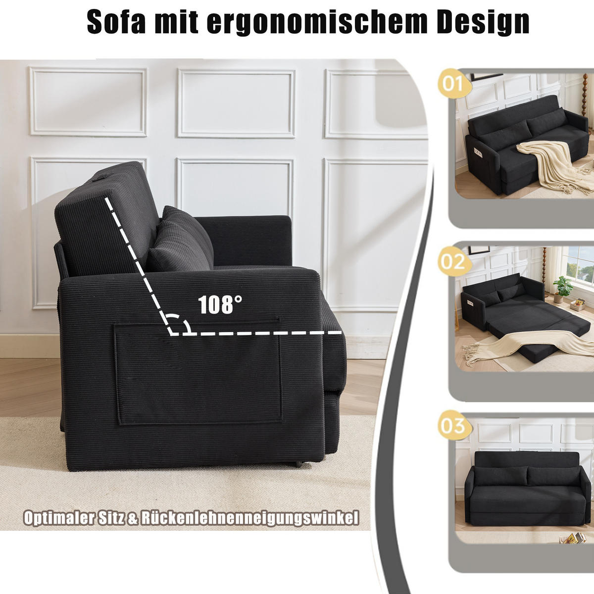 2-SITZER SCHLAFSOFA Cord Schwarz mit 2 Lendenkissen und Magazintaschen - Schwarz, Holzwerkstoff/Textil (165/67/212cm) - WISHDOR