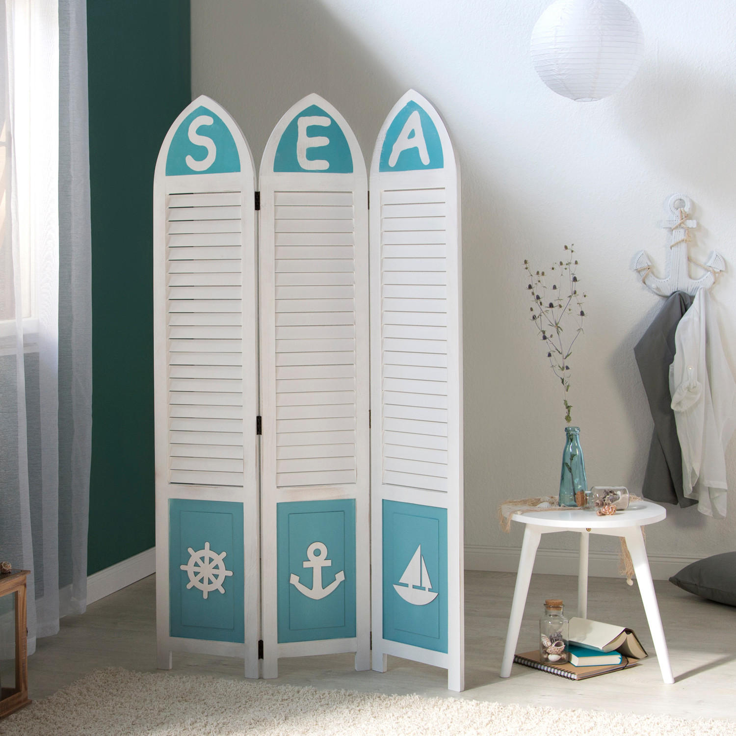 PARAVENT 3-tlg. 93/162 cm Weiß maritim - Weiß, Holz (93/162/1cm) - Homestyle4u