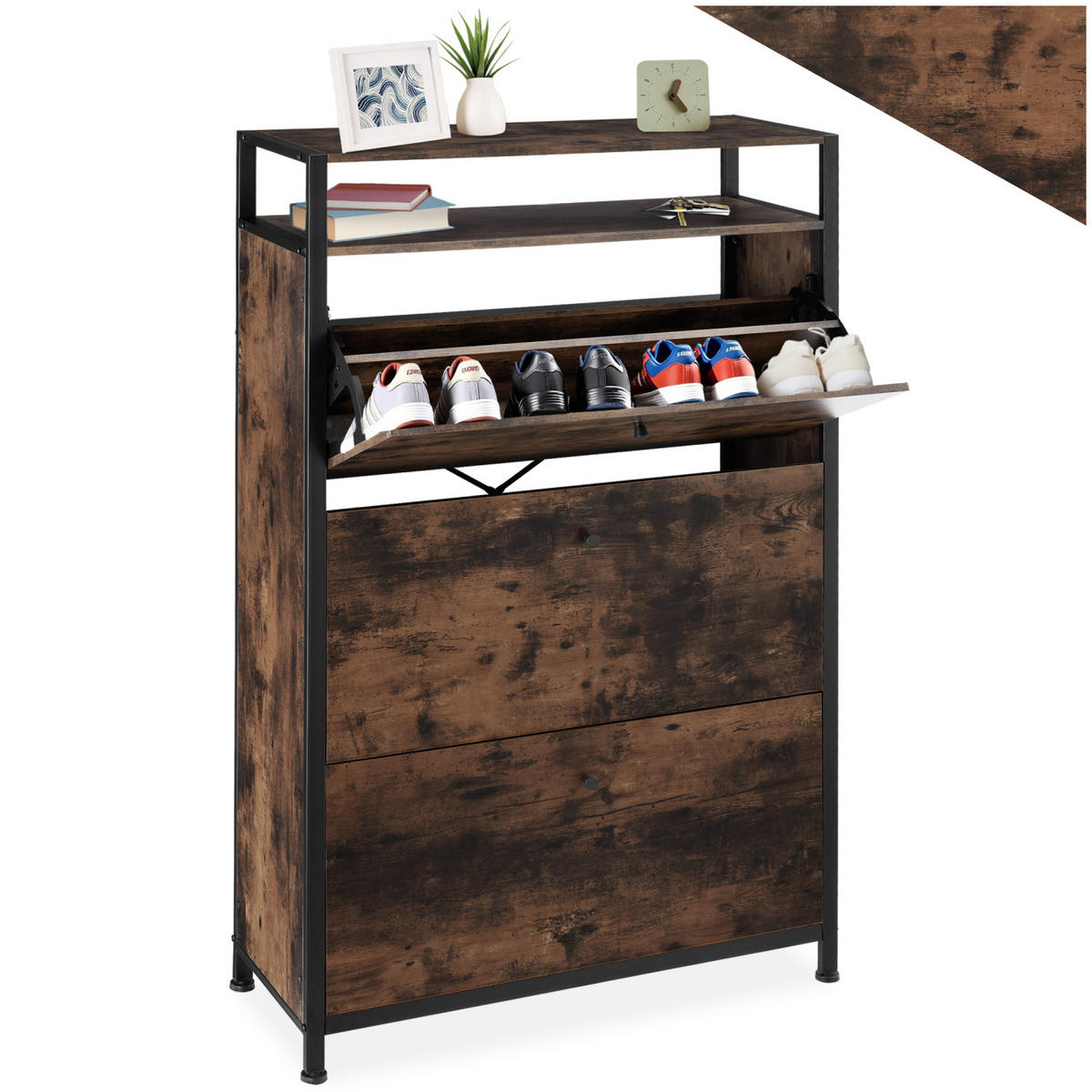 SCHUHSCHRANK Buffalo,inklusive Kippschutz, 81 x 32 x 130 cm,Industrial Holz dunkel, rustikal - Rostfarben, Holzwerkstoff (32/130/81cm) - tectake