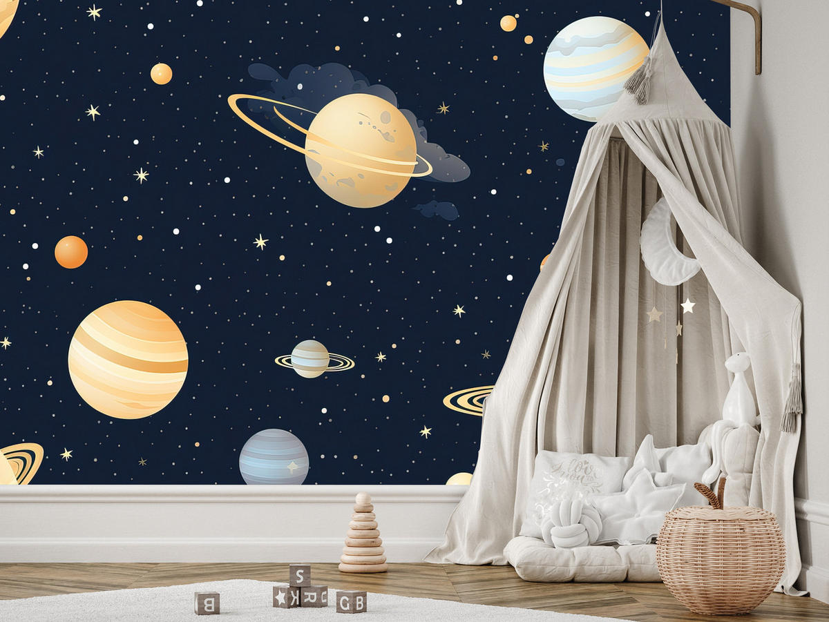 FOTOTAPETE für Kinderzimmer Märchen Galaxie Planeten Sterne 100x70 - Blau/Gelb, Papier (100/70cm) - Muralo