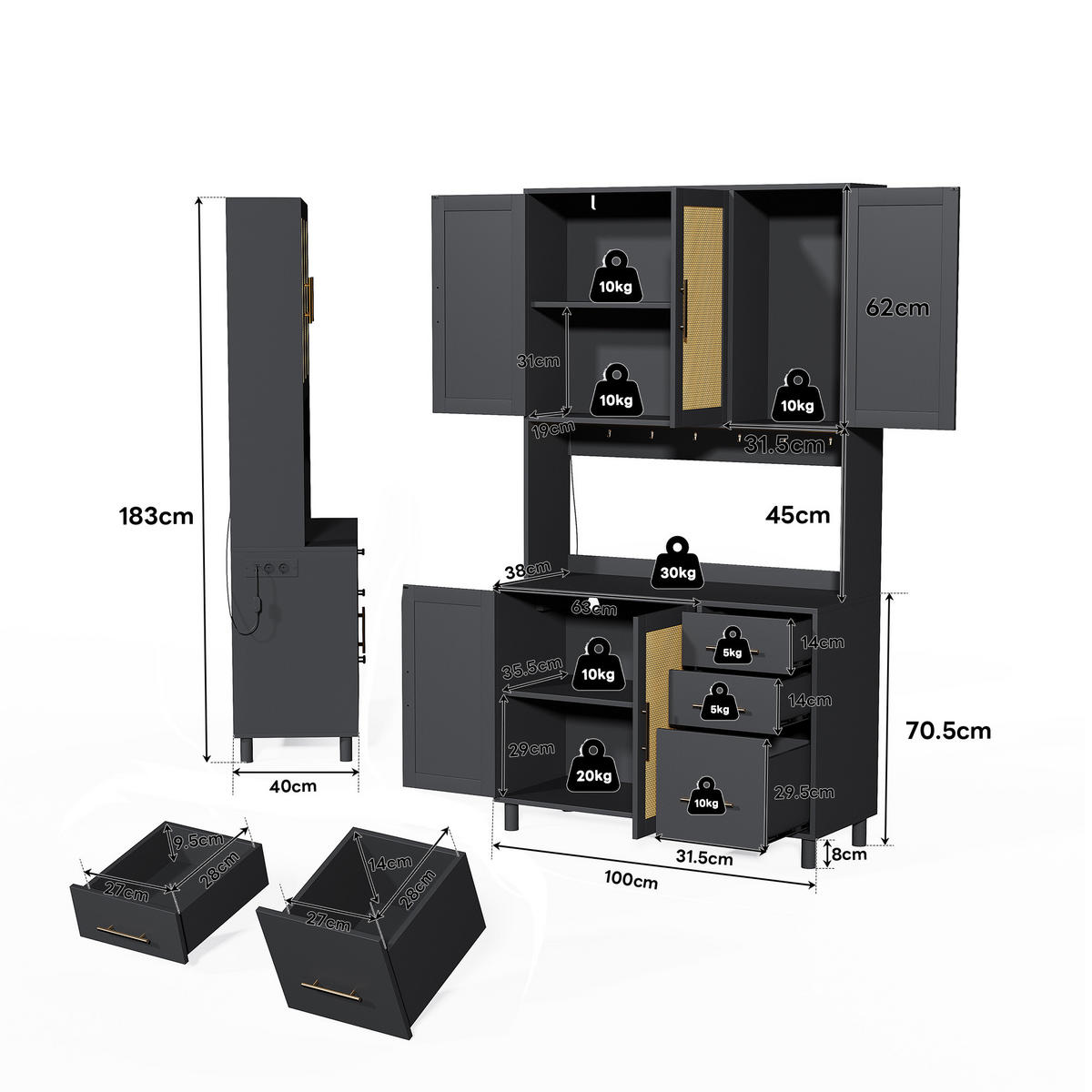 KÜCHENSCHRANK in Holz- und Rattanoptik mit LED Schwarz - Schwarz, Holzwerkstoff (40/183/100cm) - Urban Meuble
