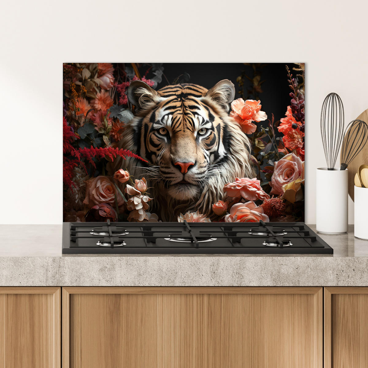 SPRITZSCHUTZ KÜCHE Tiger - Tier - Natur - Floral - Botanisch 70x50 cm - Orange, Metall (70/0.3/50cm) - MuchoWow