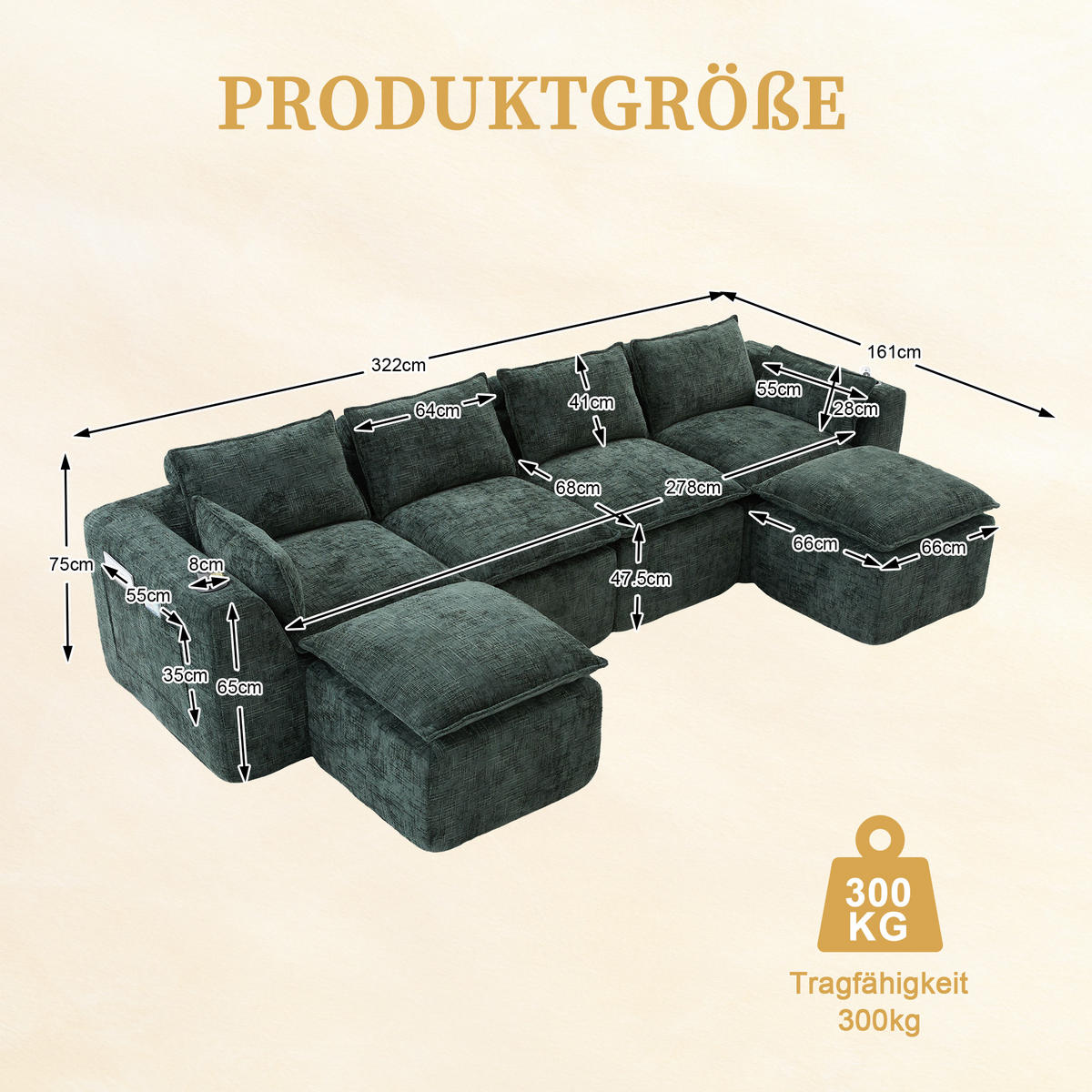 4-SITZER-SOFA aus Chenille, modular mit 2 Fußhockern und Getränkehaltern - Grün, Textil (322/75/161cm) - Urban Meuble