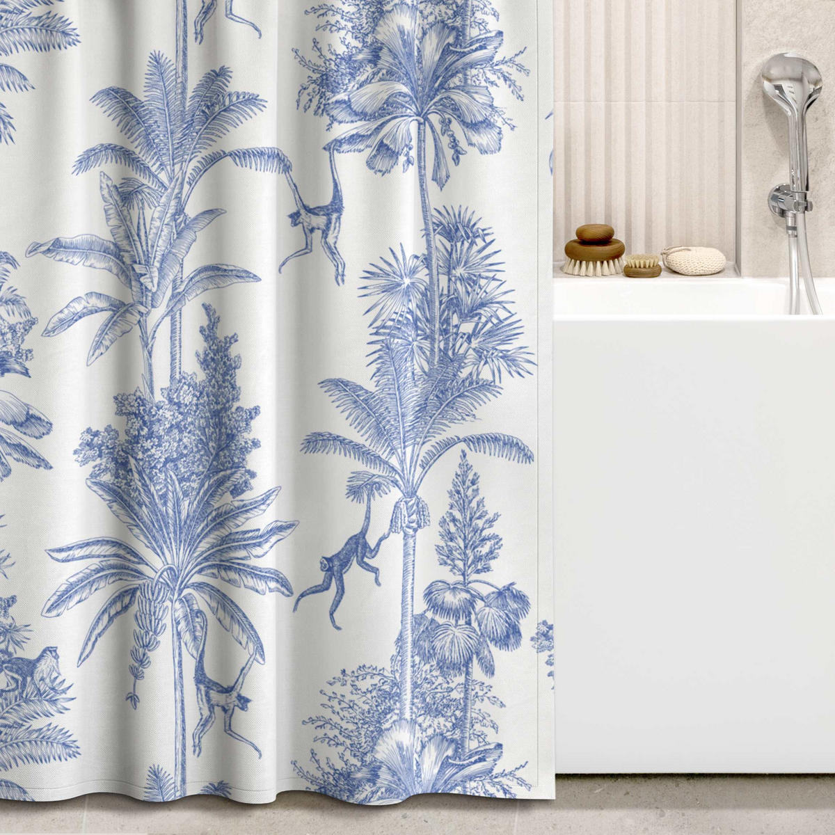 DUSCHVORHANG Kupferstichanmutung - Affen in Blau 200/180 cm - Blau, Textil (200/180cm) - Bilderwelten