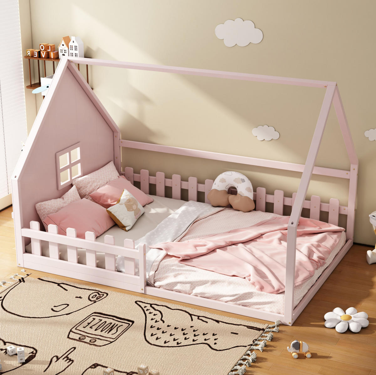 HAUSBETT 140/200 cm in Rosa aus Kiefernholz und MDF mit Hausrahmen - Rosa, Holz (140/200cm) - OKMYHOME