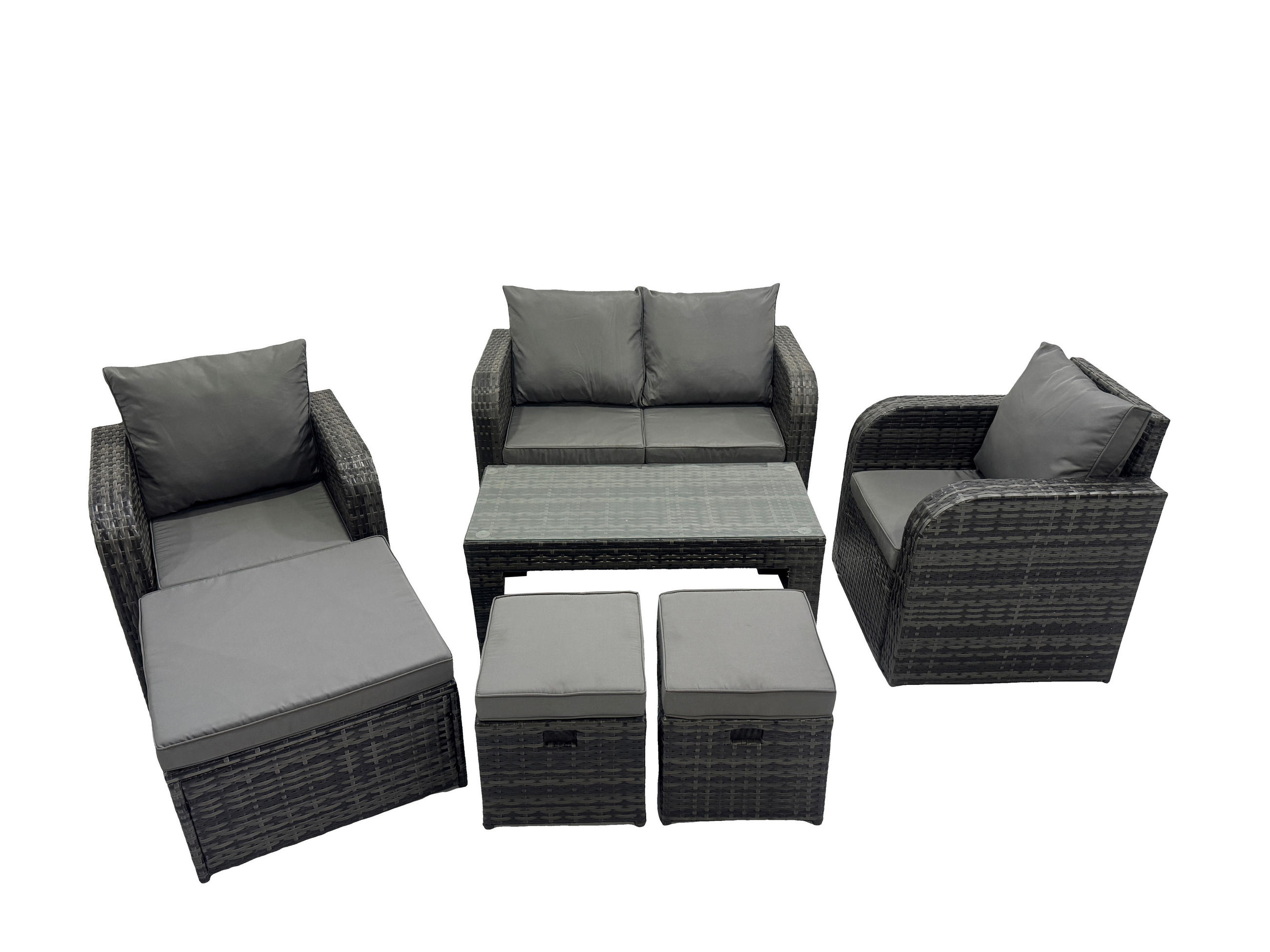 GARTENSOFA SET mit COUCHTISCH Polyrattan 7-Sitzer - Dunkelgrau/Grau, Glas/Kunststoff - Fimous