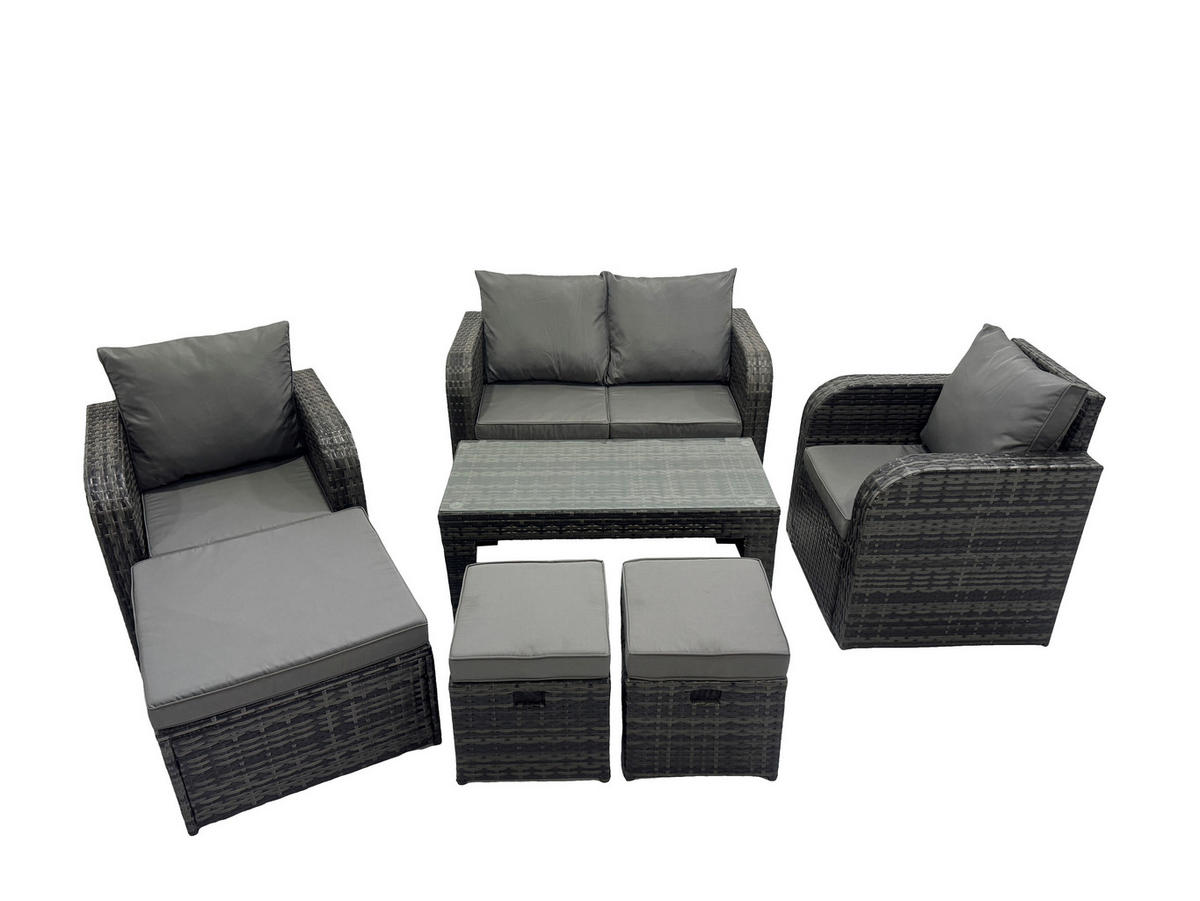 GARTENSOFA SET mit COUCHTISCH Polyrattan 7-Sitzer - Dunkelgrau/Grau, Glas/Kunststoff - Fimous
