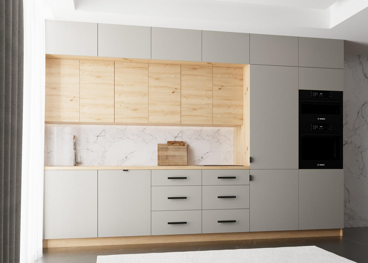 KÜCHENZEILE 360 cm - Nexa K50-G360 - in Beige & Woodline / Matt - Beige/Schwarz, Holz/Metall (360/212/582cm) - ROYAL24_MARKT