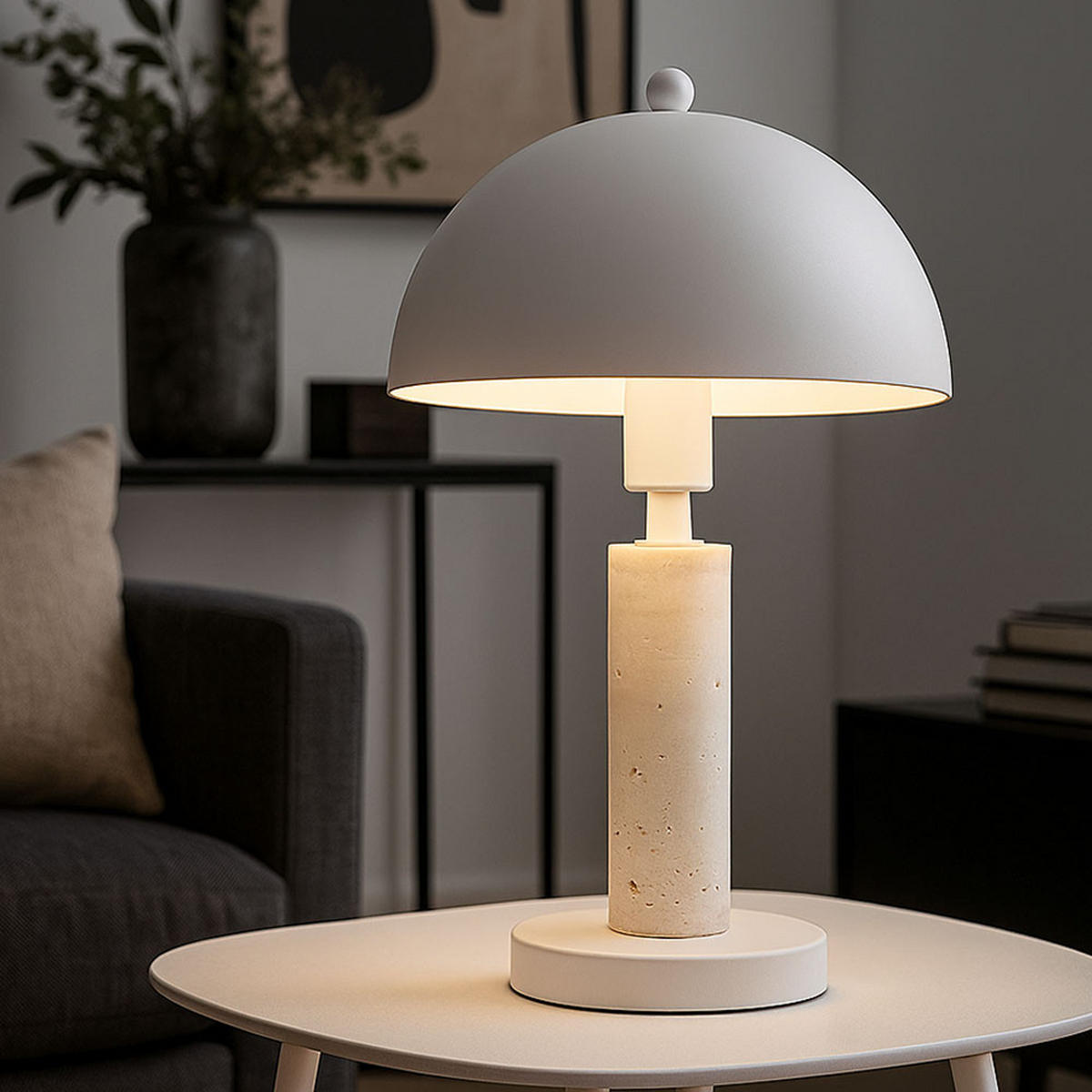 TISCHLEUCHTE Janie Weiß Travertin Stein - Weiß, Metall (20/20/34cm) - Globo Lighting