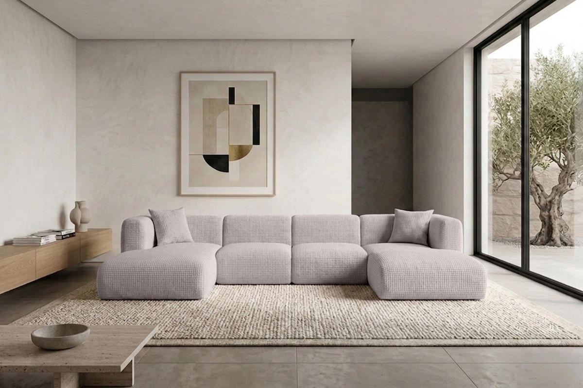 ECKSOFA U-Form, Chenille-Stoff Cremona, Hellgrau, GRETA - Hellgrau, Holz (408/70/179cm) - Kaiser Möbel
