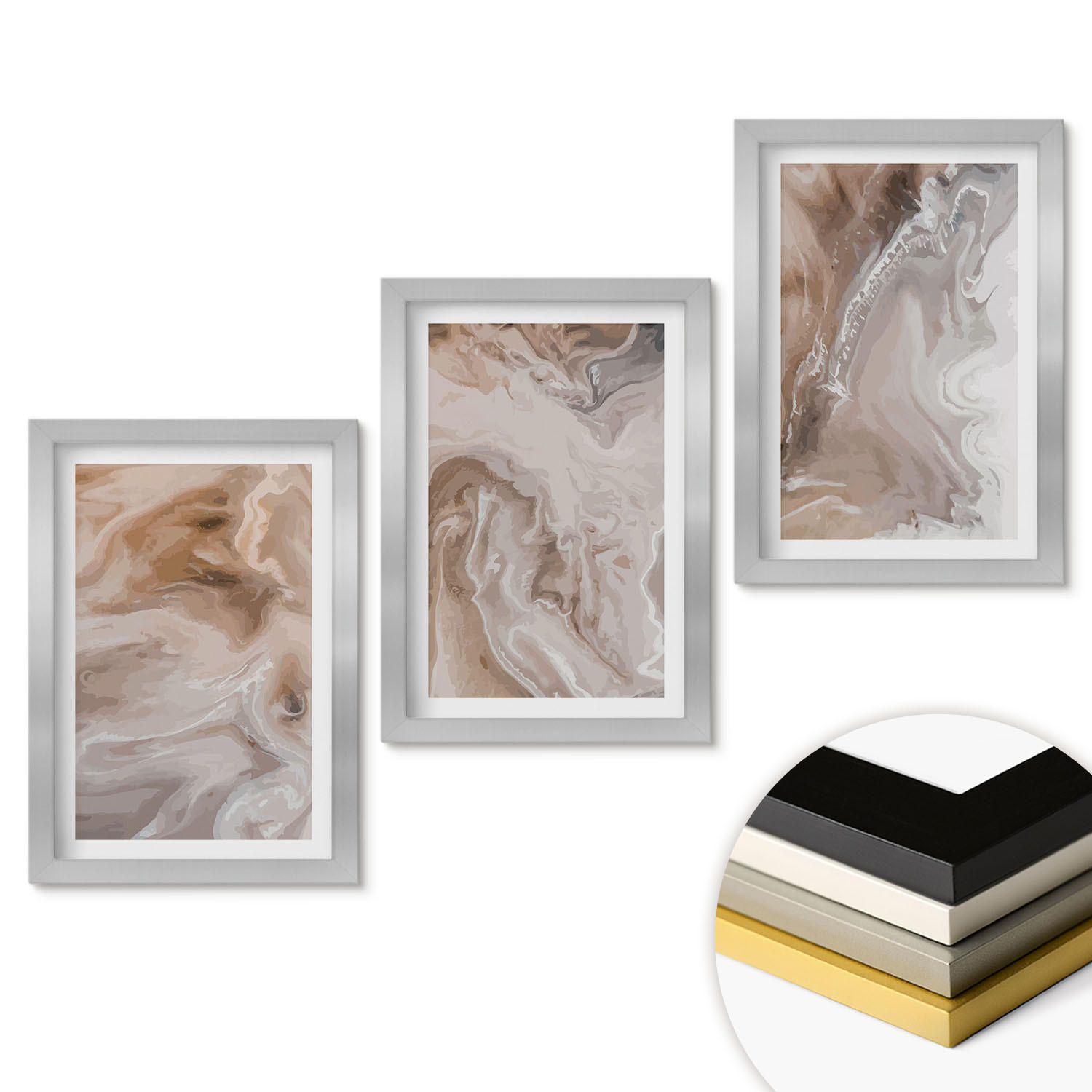 WANDBILDER 3er Set - 20x30 cm Silberner Rahmen - Abstrakter Marmorstein - Silberfarben, Kunststoff (20/30cm) - ArtPrintCave