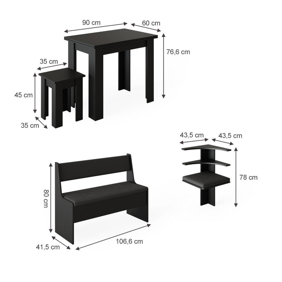 ECKBANKGRUPPE Roman Schwarz 150 x 41.5 cm mit Tisch - Schwarz/Sonoma Eiche, Holzwerkstoff (150/80/150cm) - Vicco
