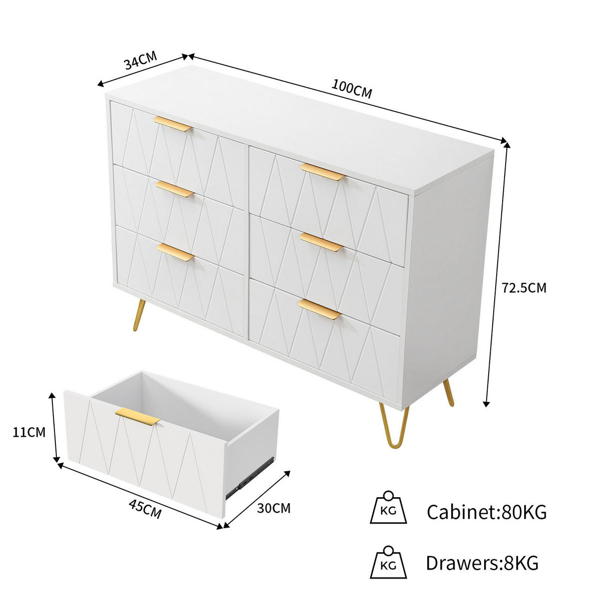 VIT byrå med 6 lådor och präglat diamantmönster - Vit, Träbaserade material (34/72.5/100cm) - SHOPENTRA