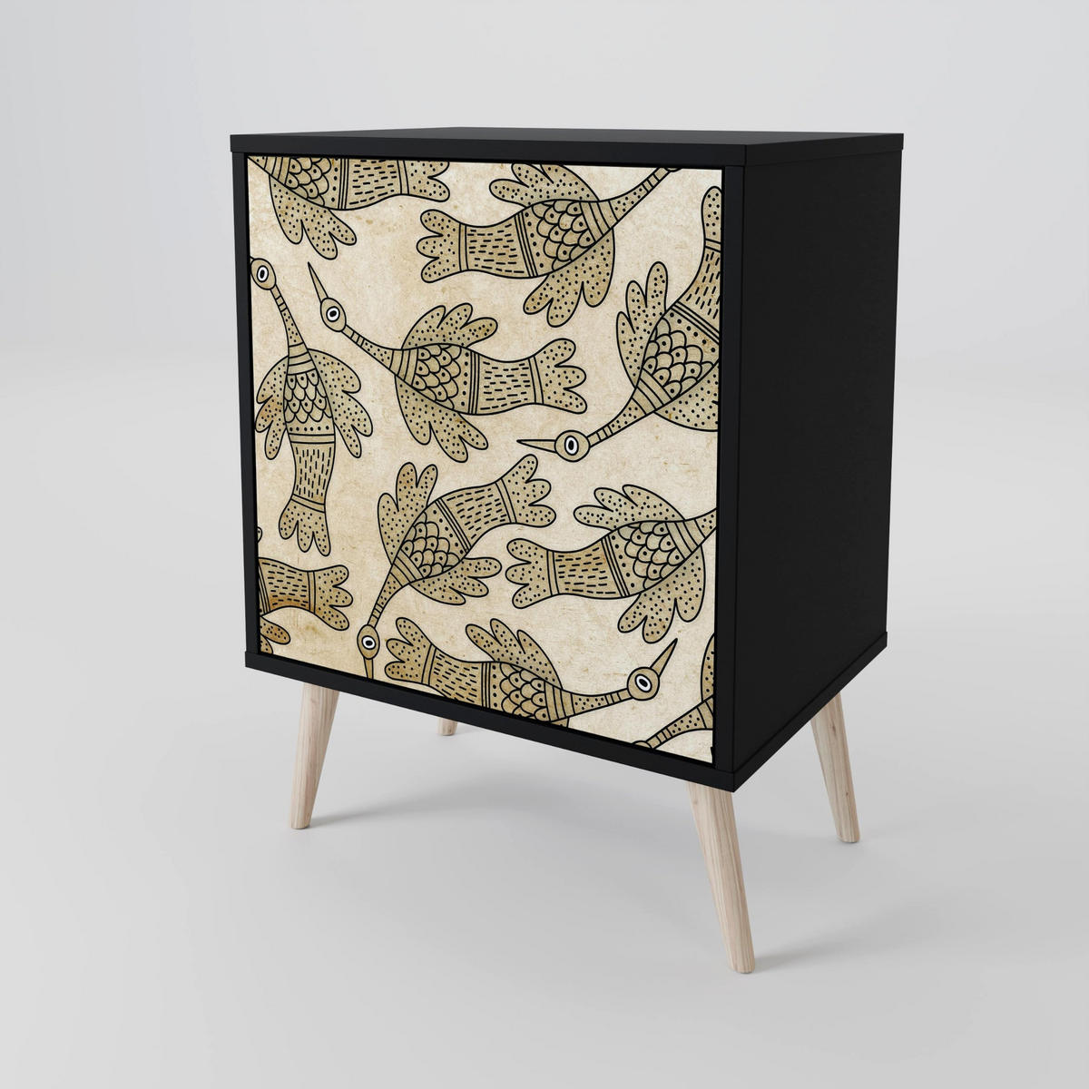 SIDEBOARD ALMONDINE SONGBIRD, Schwarz, 57,5x42x67,5 cm, Schwarze Metall-Rahmenfüße - Multicolor/Schwarz, Holzwerkstoff/Metall (57.5/67.5/42cm) - SpaceRebels