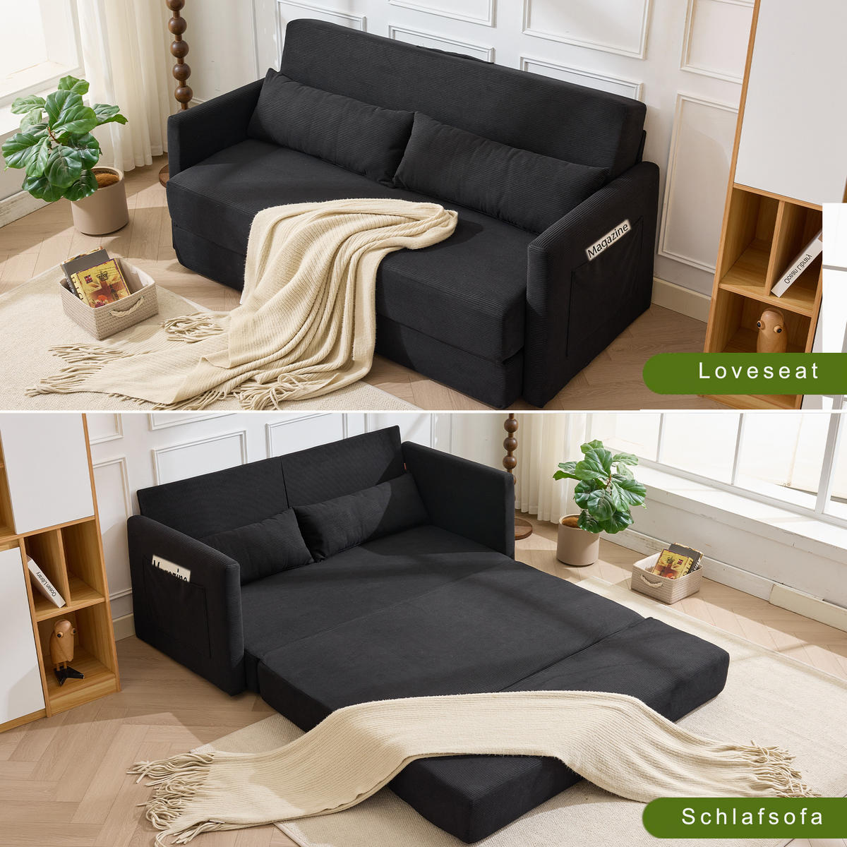2-SITZER SCHLAFSOFA Cord Schwarz mit 2 Lendenkissen und Magazintaschen - Schwarz, Holzwerkstoff/Textil (165/67/212cm) - WISHDOR