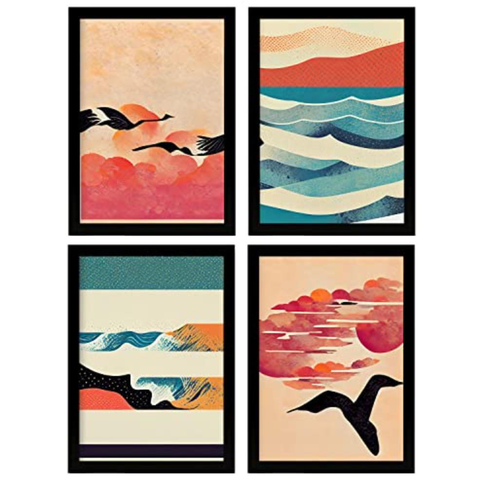 POSTER Set mit 4 Vogel im Abstrakt Moderne Galaxien A4 Schwarzer Rahmen - Schwarz, Papier (29.7/3cm) - Nacnic