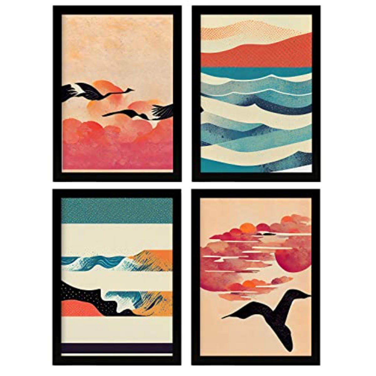 POSTER Set mit 4 Vogel im Abstrakt Moderne Galaxien A4 Schwarzer Rahmen - Schwarz, Papier (29.7/3cm) - Nacnic