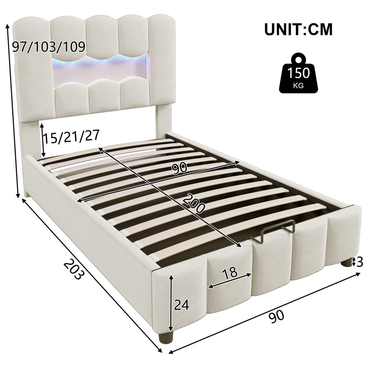 POLSTERBETT mit Stauraum und LED 90x200 cm Velours Beige - Beige, Metall (90/200cm) - Meubliv