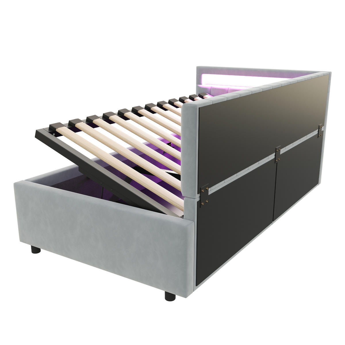 STAURRAUMBETT 90/200 cm DE-01966, in Grau, mit LED, Hydraulik und Streifendesign - Grau, Holzwerkstoff (90/200cm) - ComfortXL