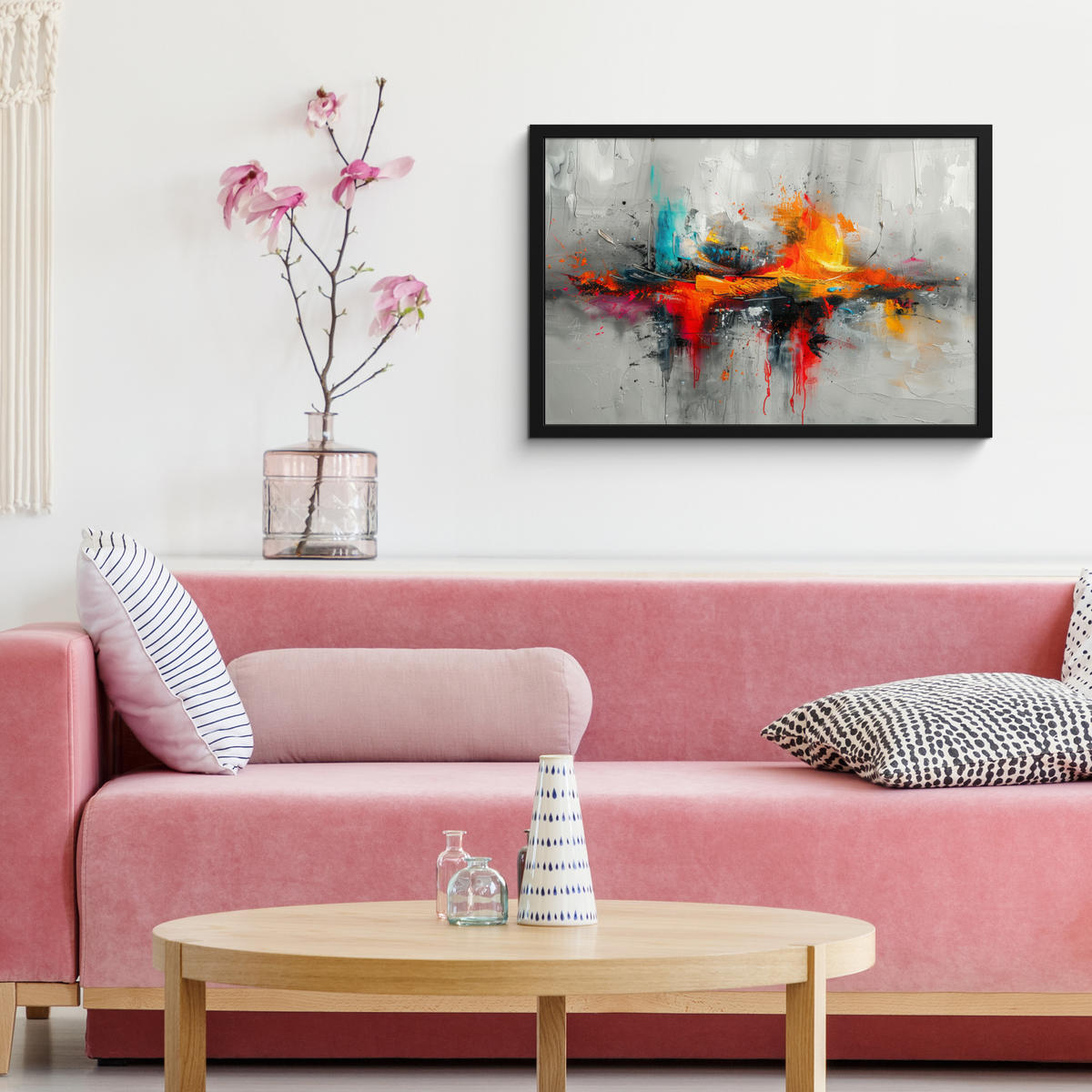ZARÁMOVANÝ PLAGÁT Moderné umenie - Oranžová - Sivá - Abstraktné 60x40 cm - svetlosivá, papier (60/40cm) - MuchoWow