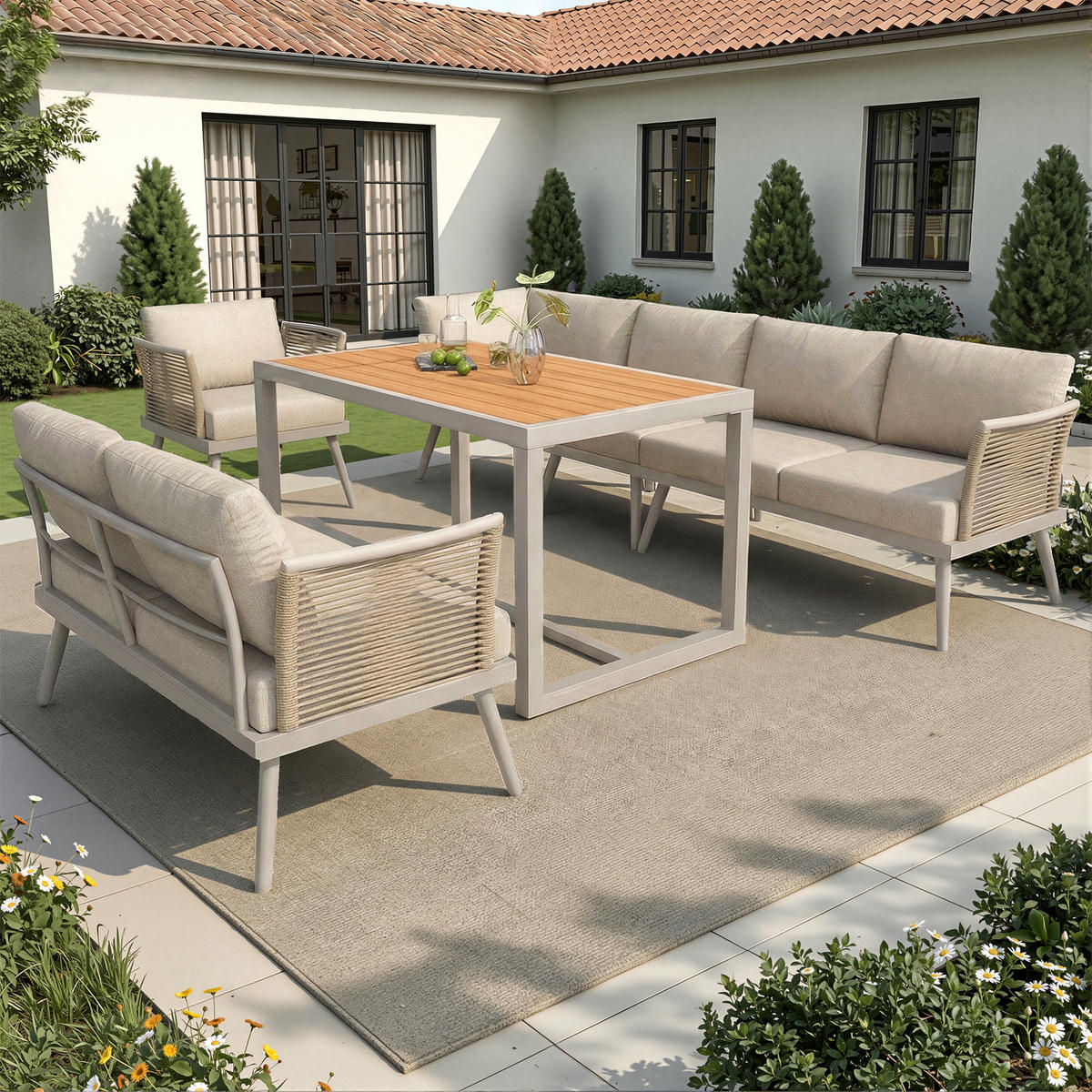 GARTENLOUNGE-SET L-förmiges Gartenmöbel-Set mit handgeflochtenen Armlehnen Polstern - Beige/Naturfarben, Textil/Metall - STILVORA