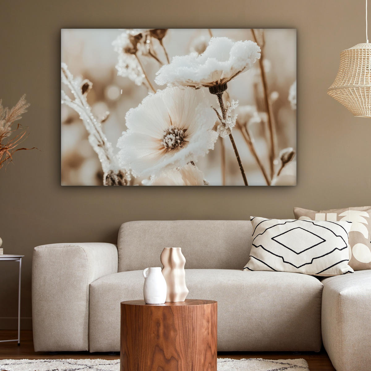 LEINWANDBILD Blumen - Winter - Weiß - Schnee - Beige Groß 140x90 cm - Creme, Textil (140/90cm) - MuchoWow