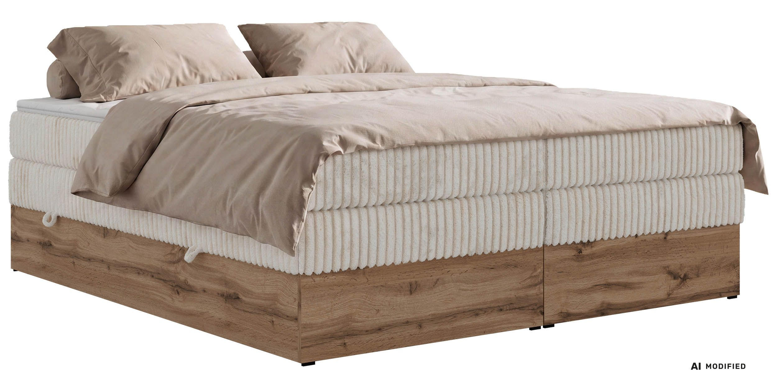 BOXSPRINGBETT WOOD ZERO KING 160/200 - Beige Cord - Topper Visco - H3 - Beige/Schwarz, Kunststoff/Textil (160/200cm) - MKS