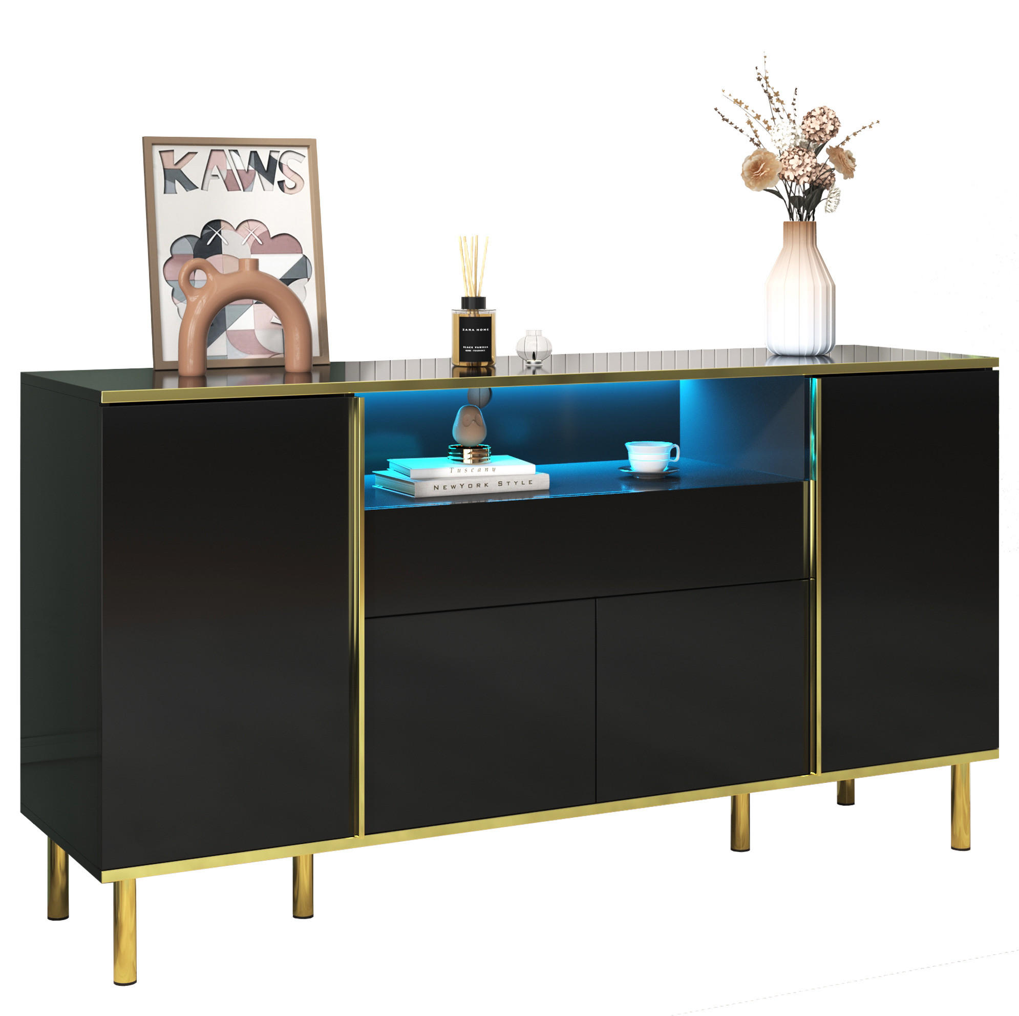 SIDEBOARD 150/40/80 cm in Schwarz Hochglanz mit 4 Türen, Schublade und LED - Schwarz, Holzwerkstoff (150/80/40cm) - Flora Grace