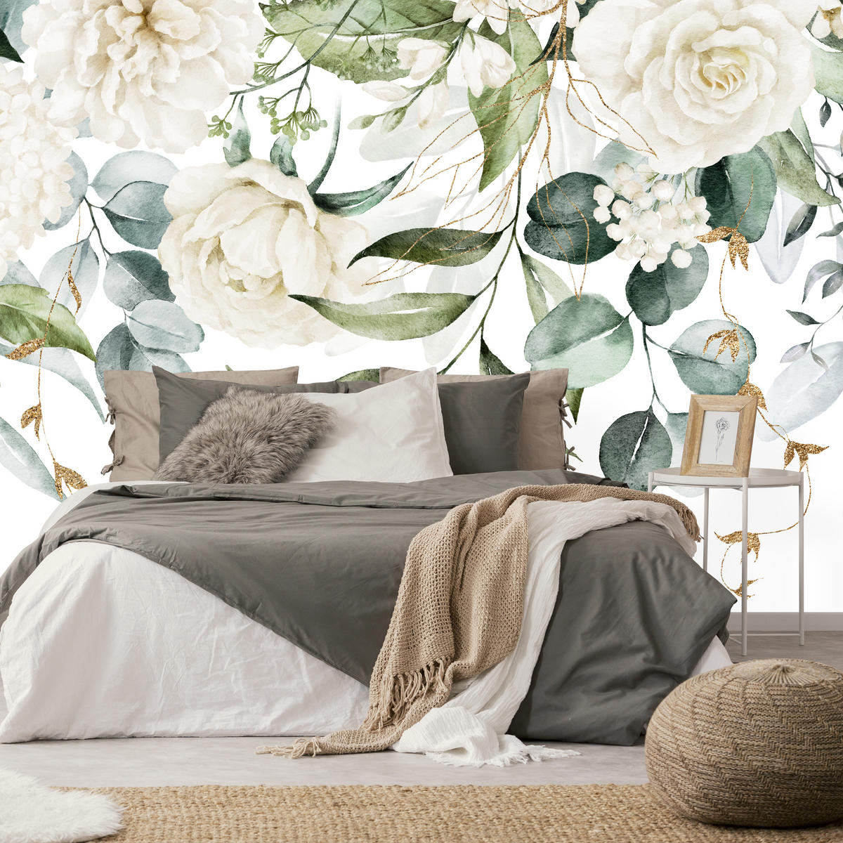 FOTOTAPETE für Schlafzimmer Aquarell Weiße Blumen Pfingstrosen Blätter Natur 450x315 - Creme/Weiß, Papier (450/315cm) - Muralo