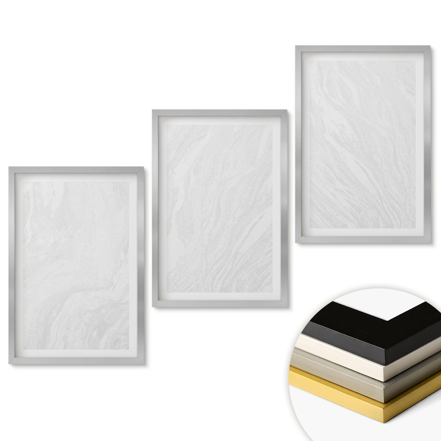 WANDBILDER 3er Set - 40x60 cm Silberner Rahmen - Elegante Marmorstruktur - Silberfarben, Kunststoff (40/60cm) - ArtPrintCave