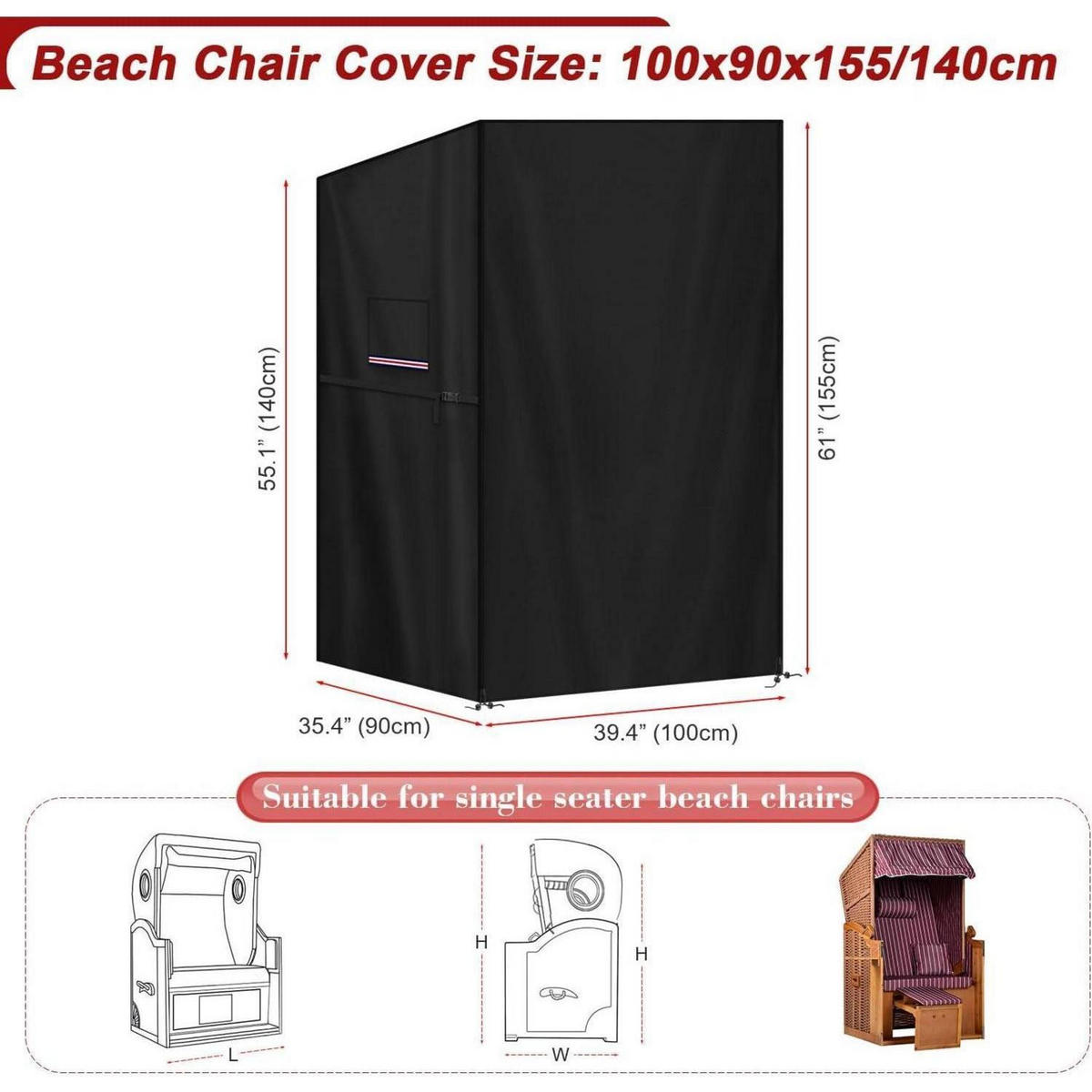 STRANDKORB Schutzhülle 100x90x155/140cm Wasserdicht 420D Oxford - Schwarz, Textil (1/1/1cm)