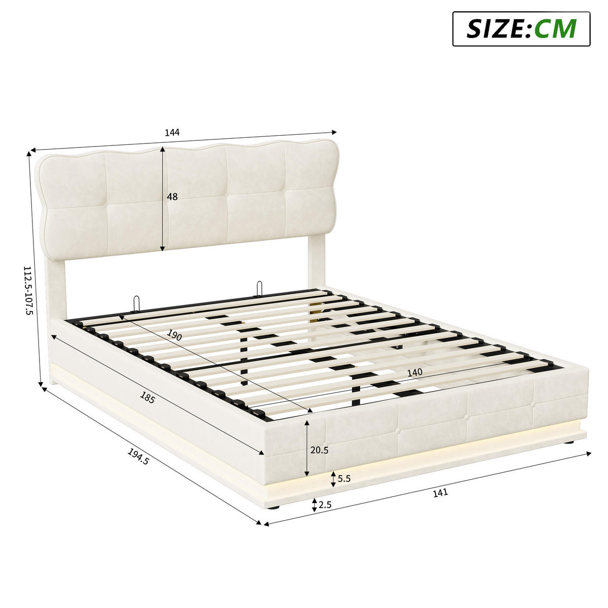 POLSTERBETT 140/200 cm Beige mit Bettkasten, Hydraulischer Stauraum, RGB LED Beleuchtung, gepolstertes Kopfteil - Beige, Metall (140/190cm) - EuroLiving