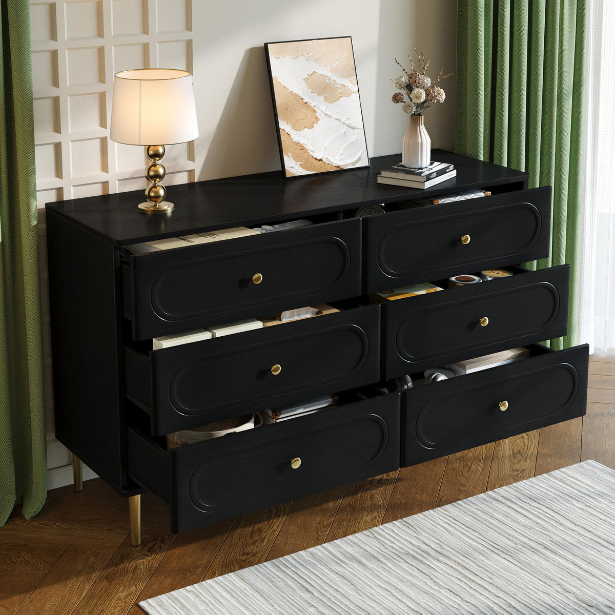 SIDEBOARD in Schwarz Aufbewahrungsschrank mit 6 Schubladen, 120 B/40 T/75 H(cm), fürs Wohn & Schlaf - Schwarz/Naturfarben, Holzwerkstoff (120/75/40cm) - STILVORA