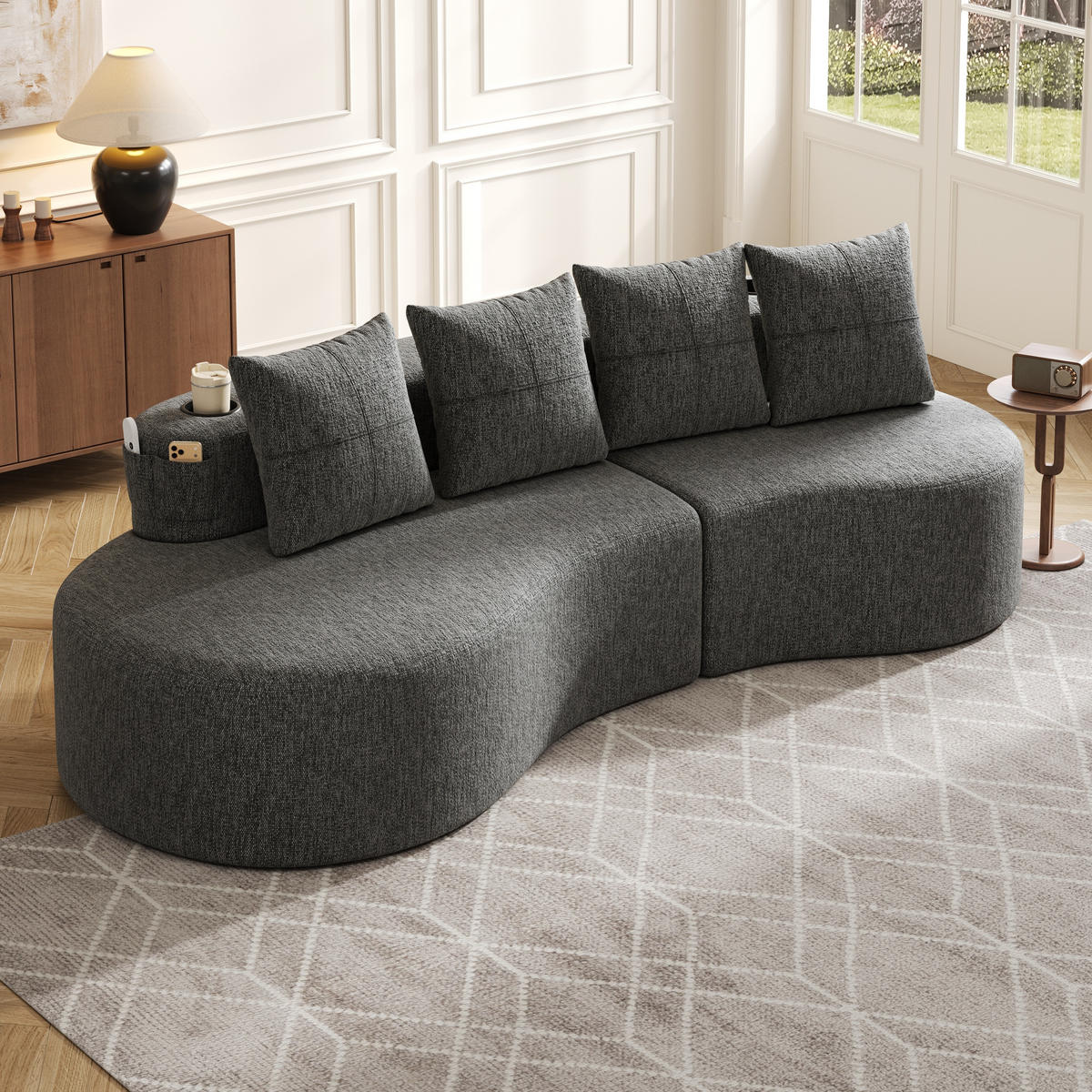 3-SITZER SOFA leinenstoff farbwahl mit getränkehalter & seitentaschen - Dunkelgrau, Textil (240/63/109cm) - Urban Meuble