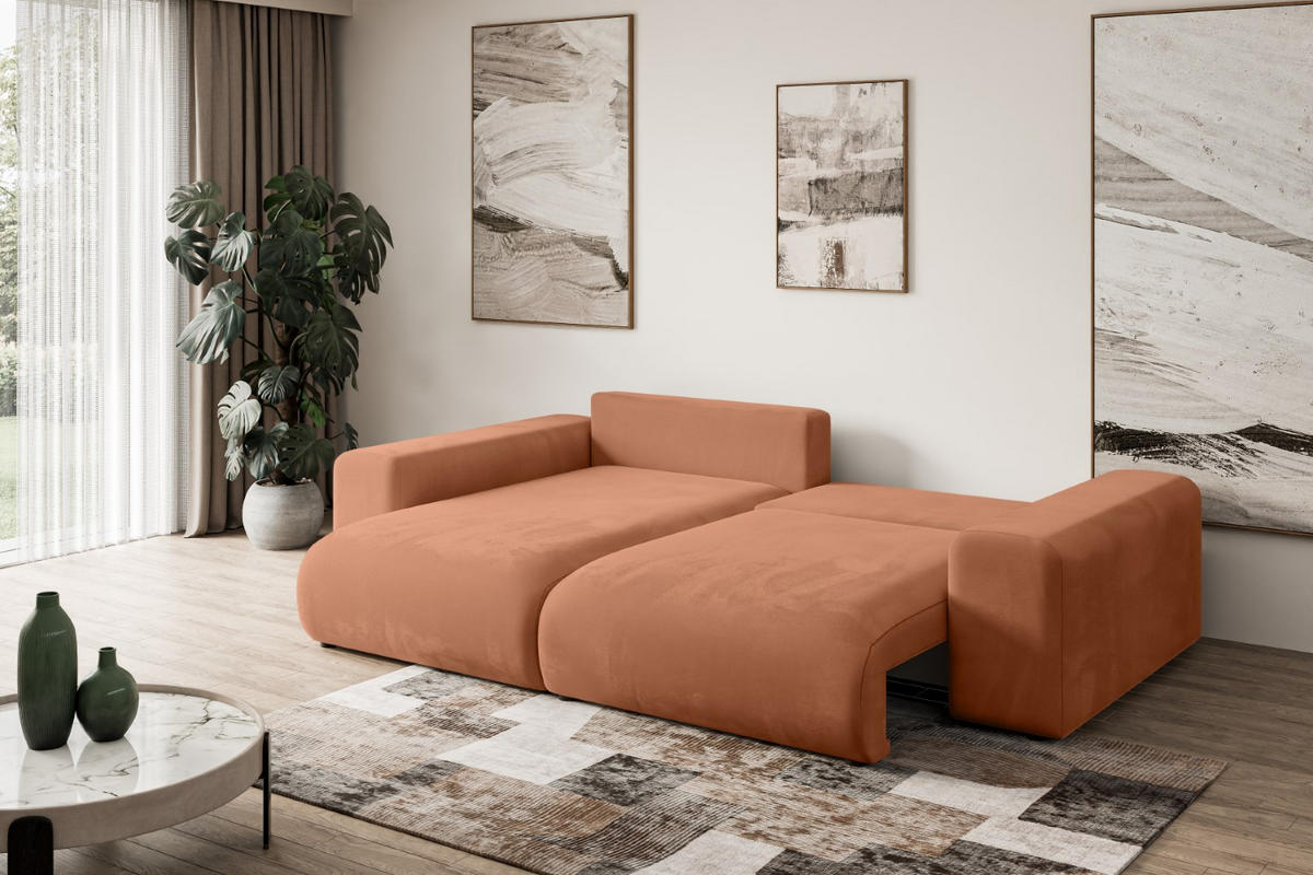 ECKSOFA mit Schlaffunktion und Bettkasten ESKAR-L 256x165x84cm Koralle Velours - Koralle/Schwarz, Holzwerkstoff/Kunststoff (165/256cm) - ALTDECOR