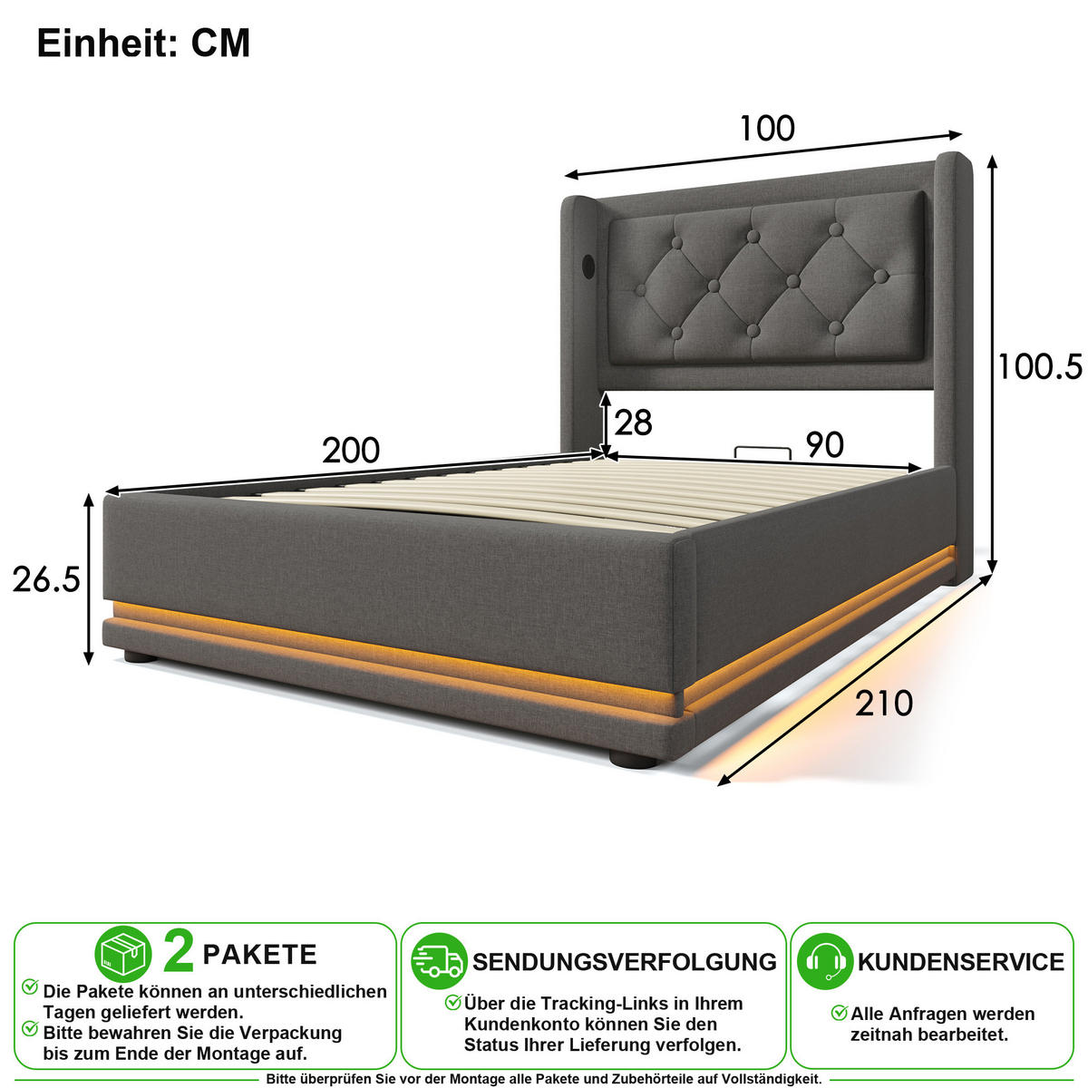 POLSTERBETT 90/200 cm in Grau Stoff mit Bettkasten, LED, USB und Type-C - Grau, Holzwerkstoff/Textil (90/200cm) - CHICFURN