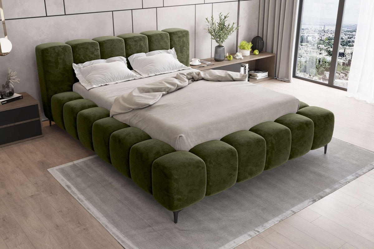 POLSTERBETT COZY Chenille Olivgrün 160/200 cm - Schwarz/Olivgrün, Textil/Metall (160/200cm) - 99rooms