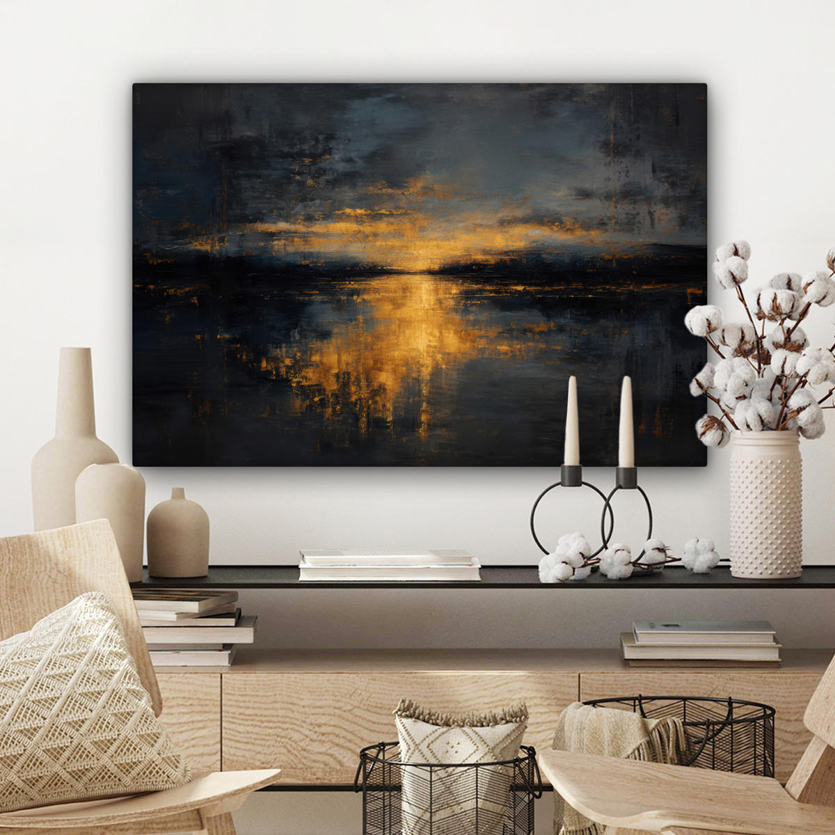 LEINWANDBILD Goldene Reflexion auf dem Wasser Wanddeko 90x60 cm - Anthrazit, Textil (90/60cm) - MuchoWow