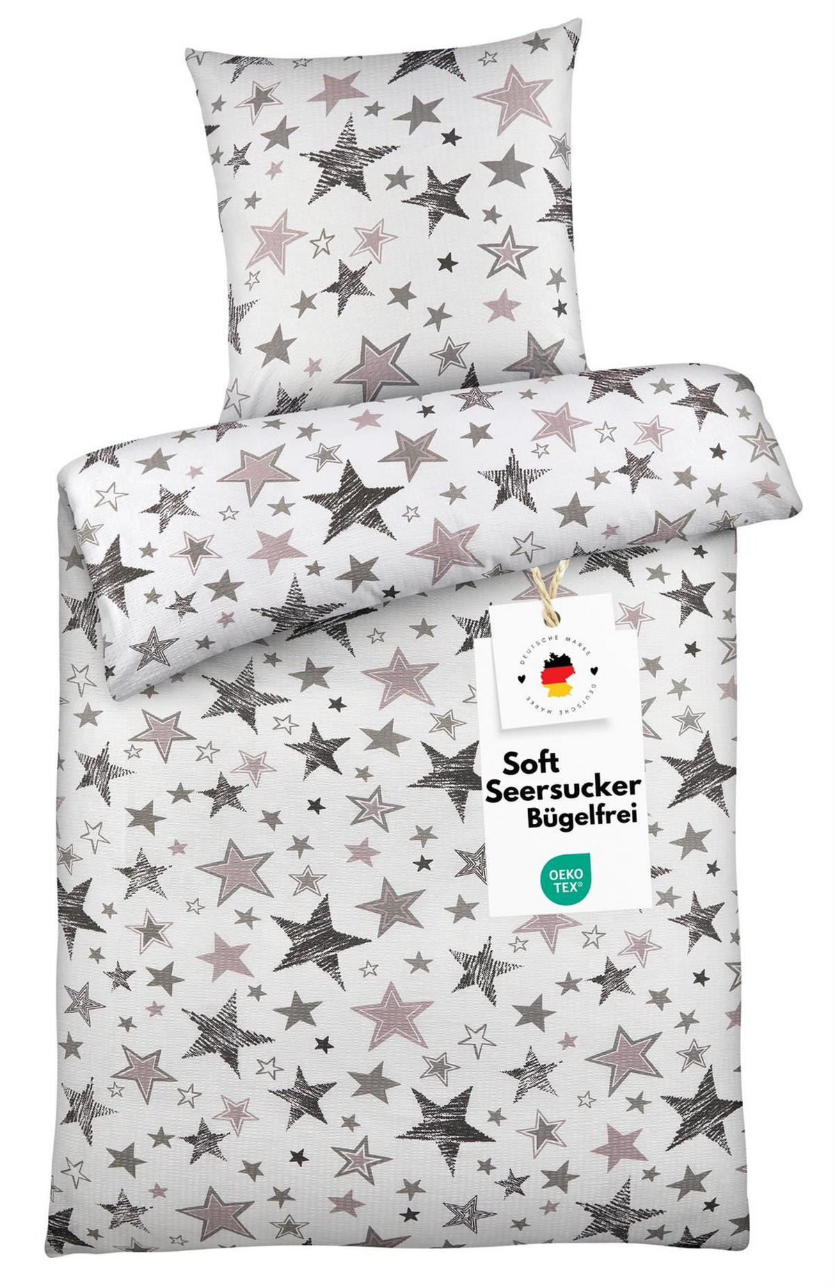SEERSUCKER-BETTWÄSCHE 135x200 Sterne Sommer Bettbezug Bügelfrei aus 100% Baumwolle, Bettbezüge Muster Weiß Grau - Weiß, Textil (135/200cm) - Carpe Sonno