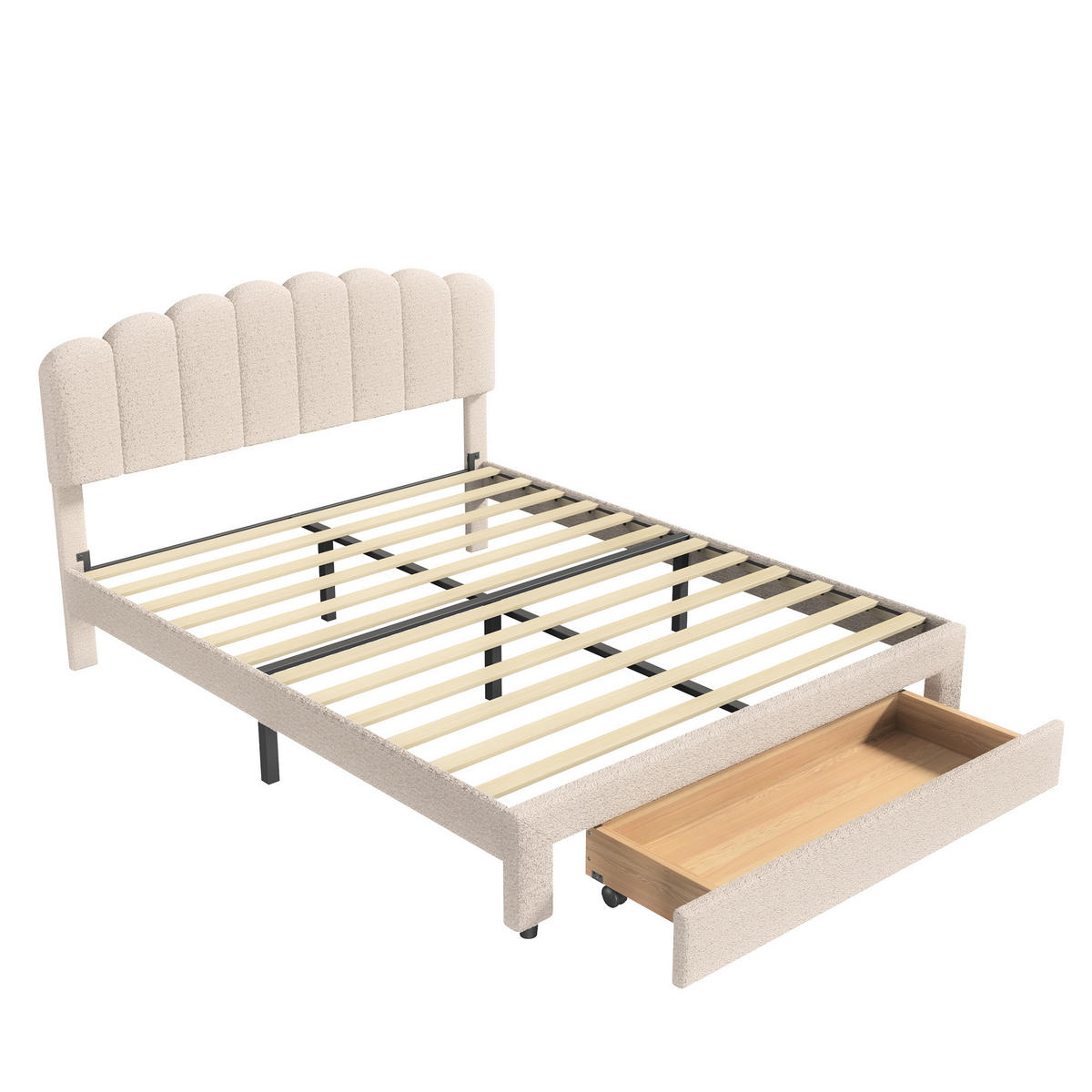 POLSTERBETT Muschel-Design 140/200 cm mit Schubkasten & USB Teddy-Fleece Beige - Beige, Textil (140/200cm) - Creahappy
