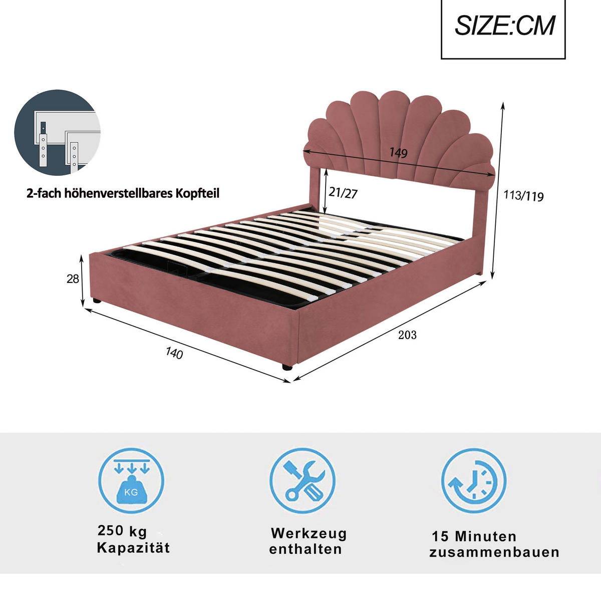 POLSTERBETT 140/200 cm mit geblümtem Kopfteil und hydraulischem Stauraum aus Samt - Pink, Textil (140/200cm) - OKWISH