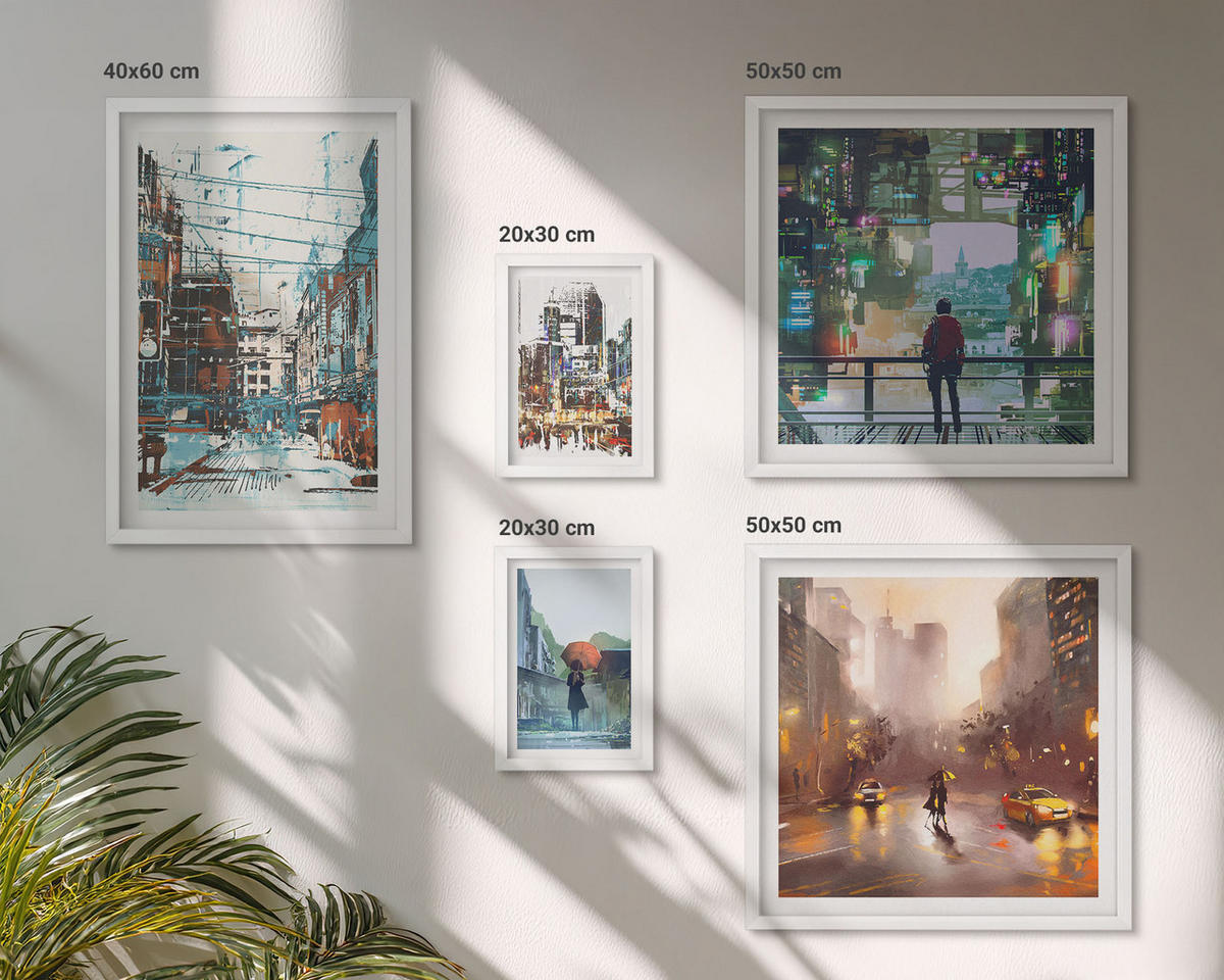 BILDER SET 5er Set - 50x50 cm & 20x30 cm & 40x60 cm Weißer Rahmen - Moderne, farbenfrohe Städte mit Charakteren - Weiß, Kunststoff (40/60cm) - TULUP