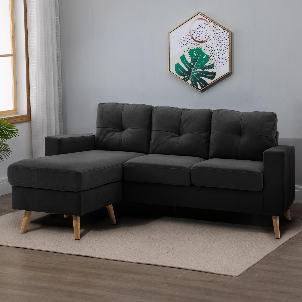 ECKSOFA Eckcouch in L-Form, Eckgarnitur in Leinenoptik Couchgarnitur Schwarz - Schwarz, Textil (136/193cm) - HOMCOM